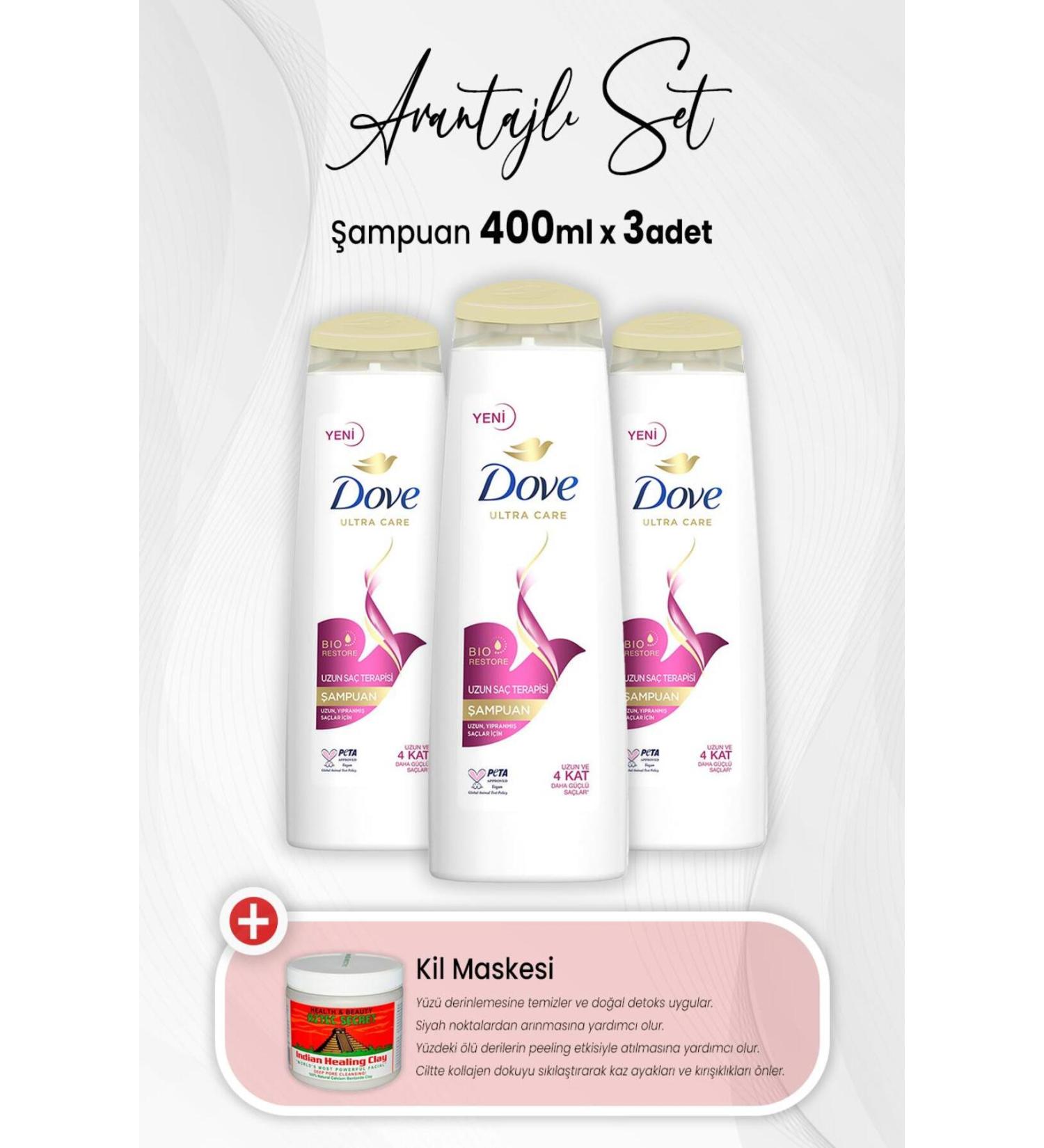 Dove Ultra Care Shampoo Long Hair Therapy 400 ml x 3 Pieces and Clay Mask