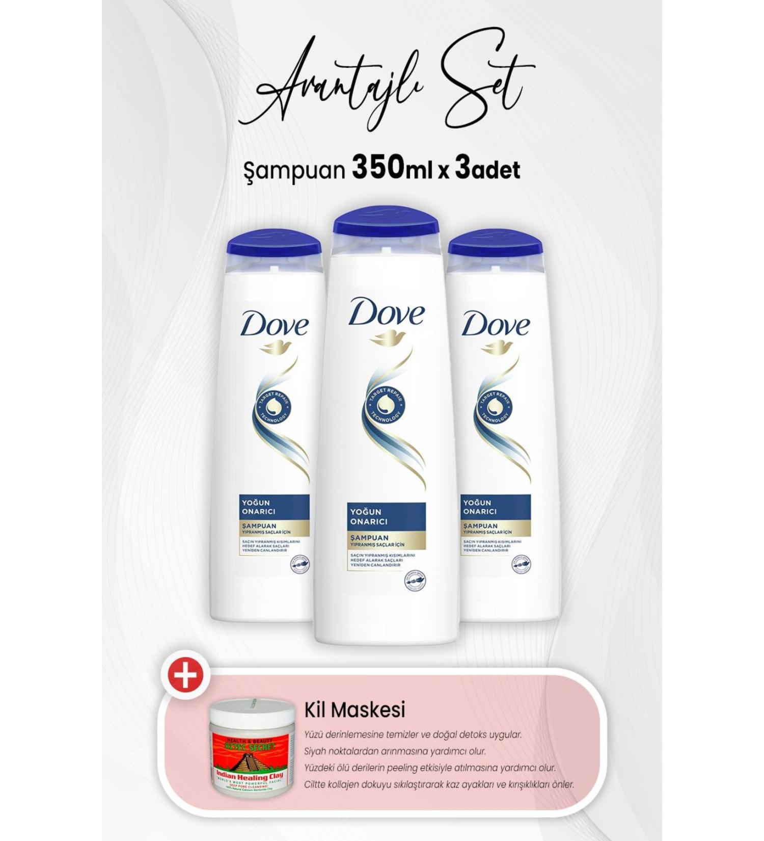Dove Intensive Repair Shampoo 350 ml x 3 Pieces and Clay Mask