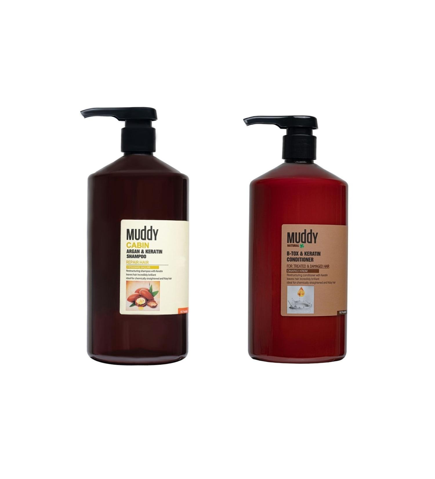 Muddy Weak Dry Hair Cabin Argan & Keratin Shampoo 1000ml + Repairing B-tox & Keratin Conditioner Cream 1000ml