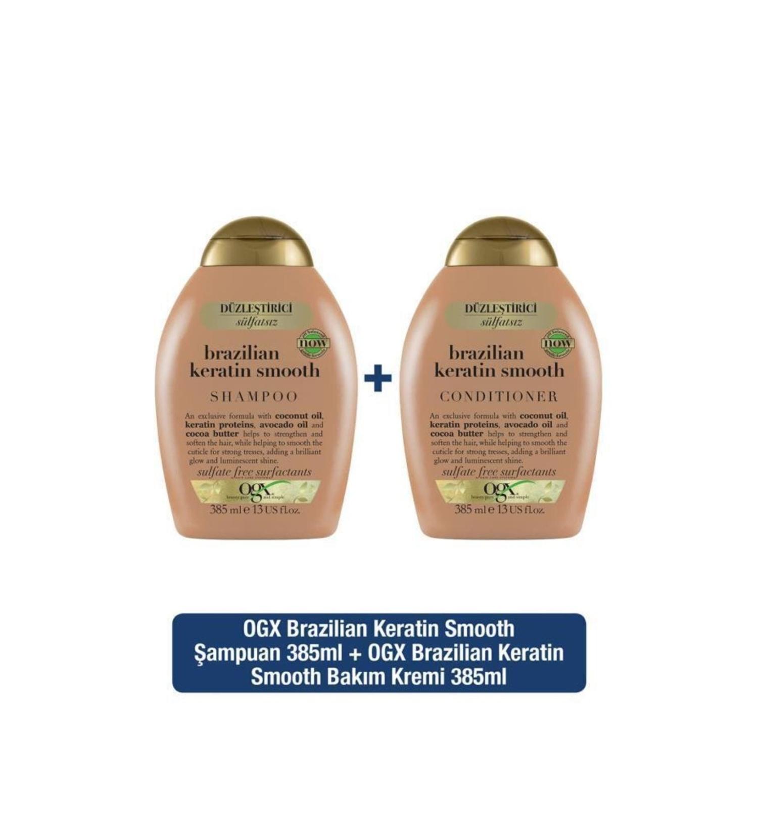 OGX Straightening Brazilian Keratin Sulfate-Free Shampoo 385ml + Sulfate-Free Conditioner 385ml - Buy Online on GoSupps.com
