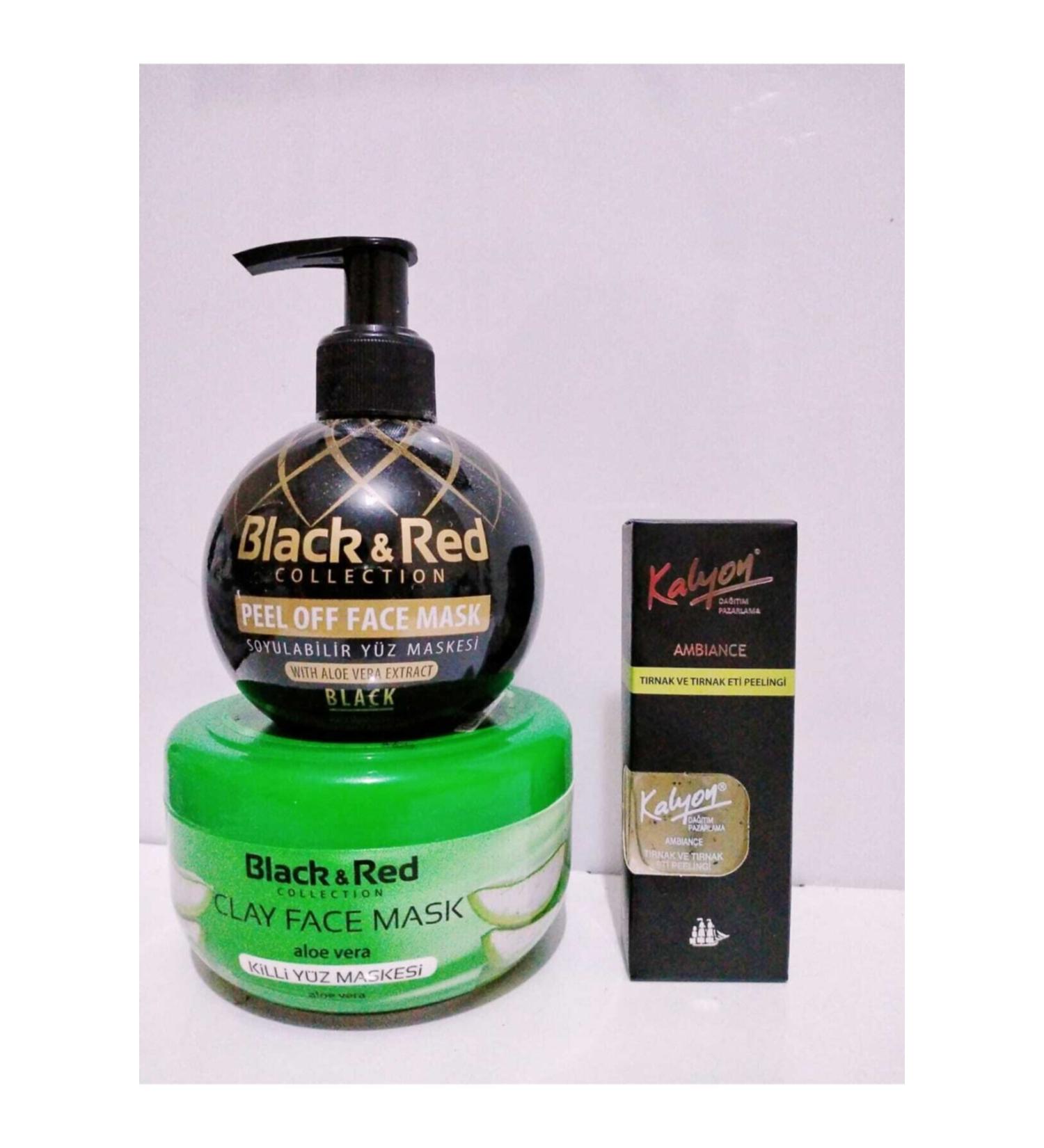 Black Red Blackred Clay Face Mask Aloe Vera 400g+Peelable Black Mask 250ml+ Kalyon Nail Peeling11ml