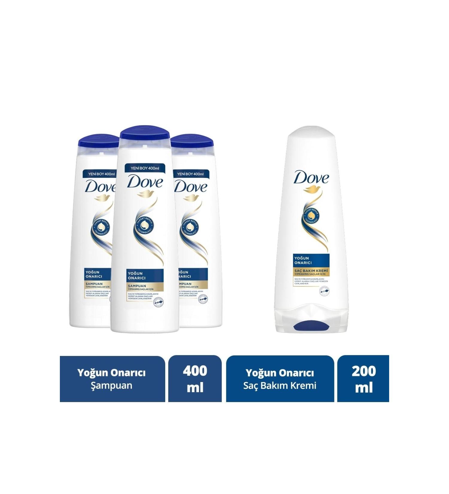 Dove Hair Care Shampoo Intensive Repair For Damaged Hair 400 Ml X3 Pieces + Hair Care Conditioner 200 Ml
