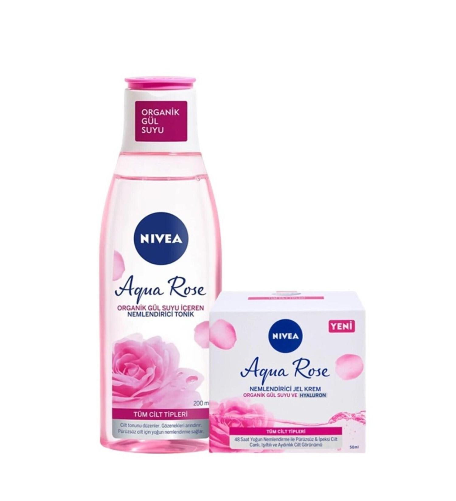 NIVEA Aqua Rose Organic Rose Water Moisturizing Toner 200 ml Aqua Rose Hyaluron Moisturizing Face Cream 50 ml