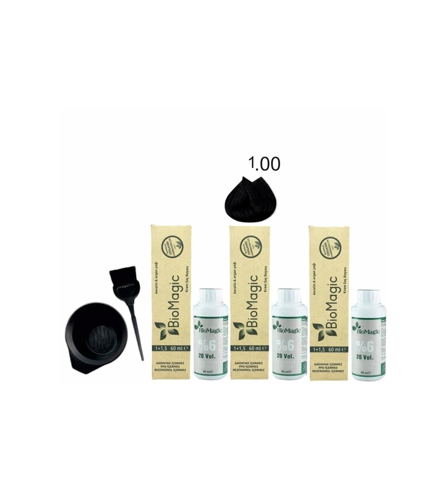 BioMagic Organic Keratin+Argan Oil Hair Dye 1.00 Black 60ml X3 Pieces+Oxidant 90ml+Dyeing Set - Buy Online on GoSupps.com