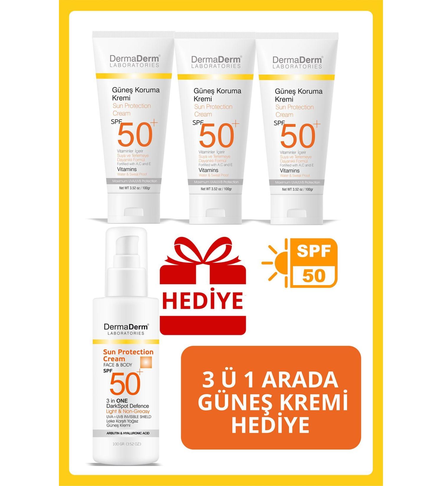 DermaDerm Sun Protection Cream 100ml 2 Pieces and Dermaderm SPF 50+ Anti-Spot Sun Cream 100ml 1 Piece