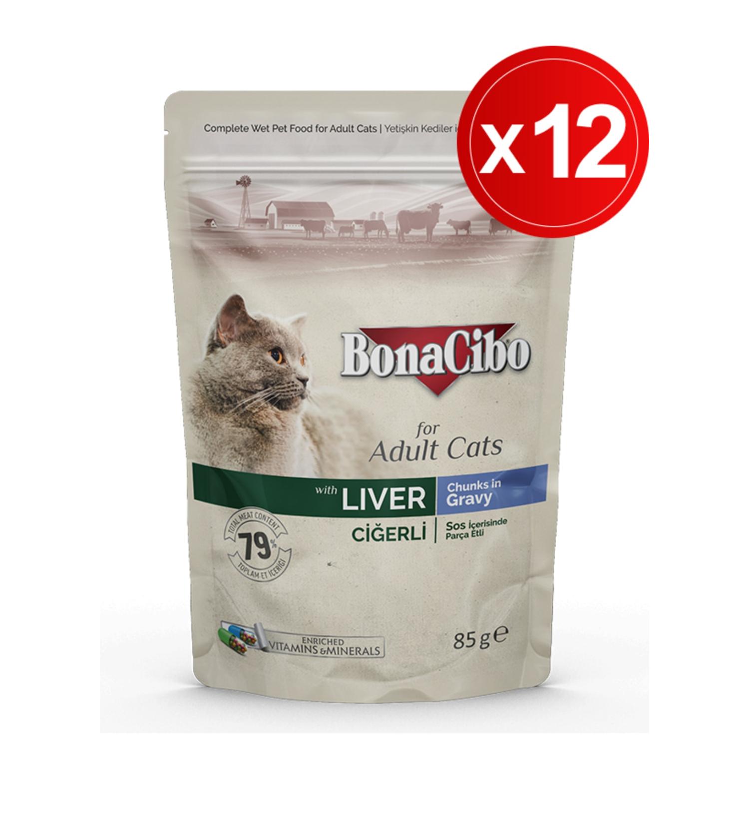 BonaCibo Sauced Liver Pouch Adult Cat Wet Food 85 Gr X 12 Pieces