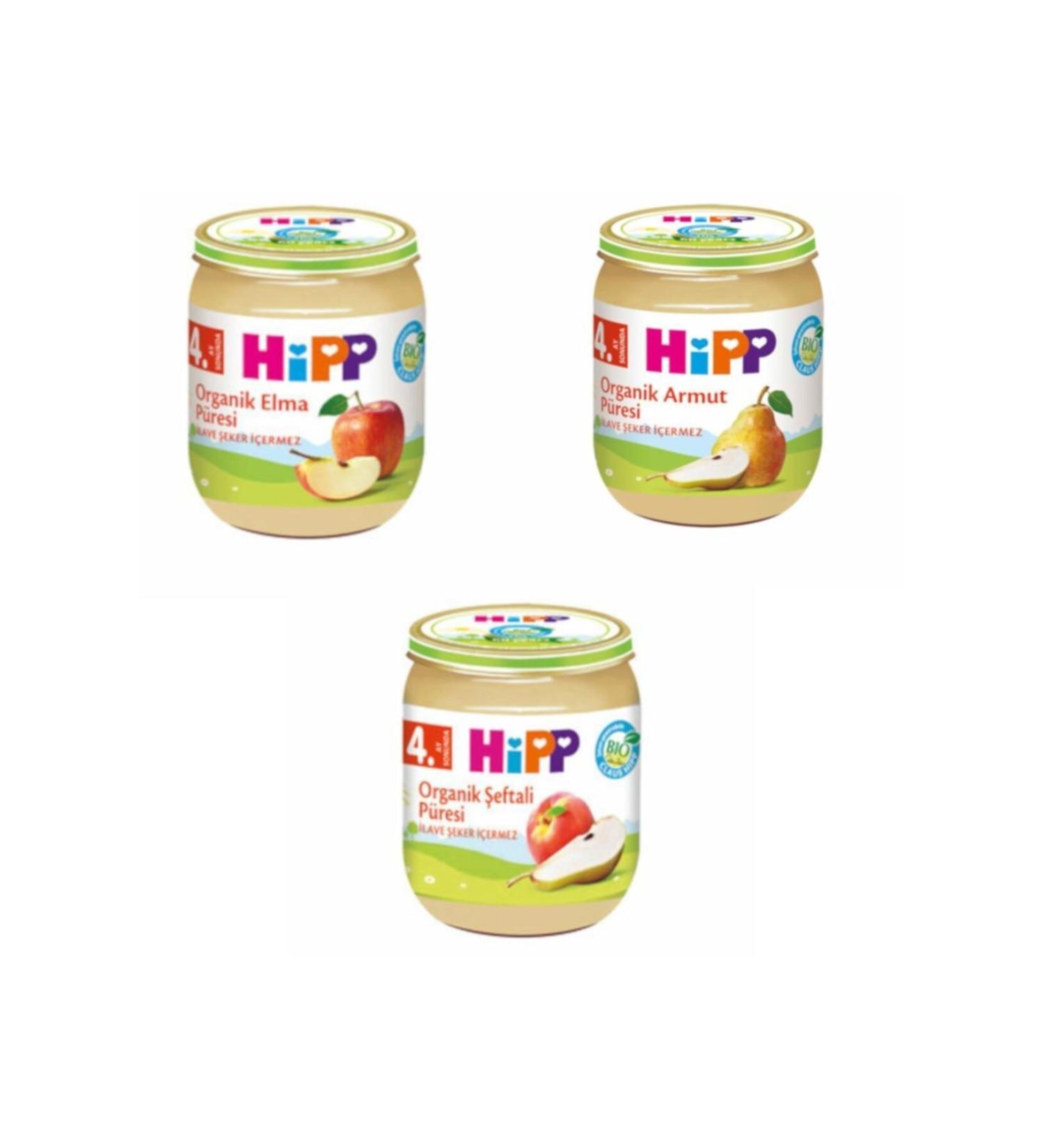 Hipp 125 gr Apple Puree Jar Food + 125 gr Pear Puree Jar Food + 125 gr Peach Puree