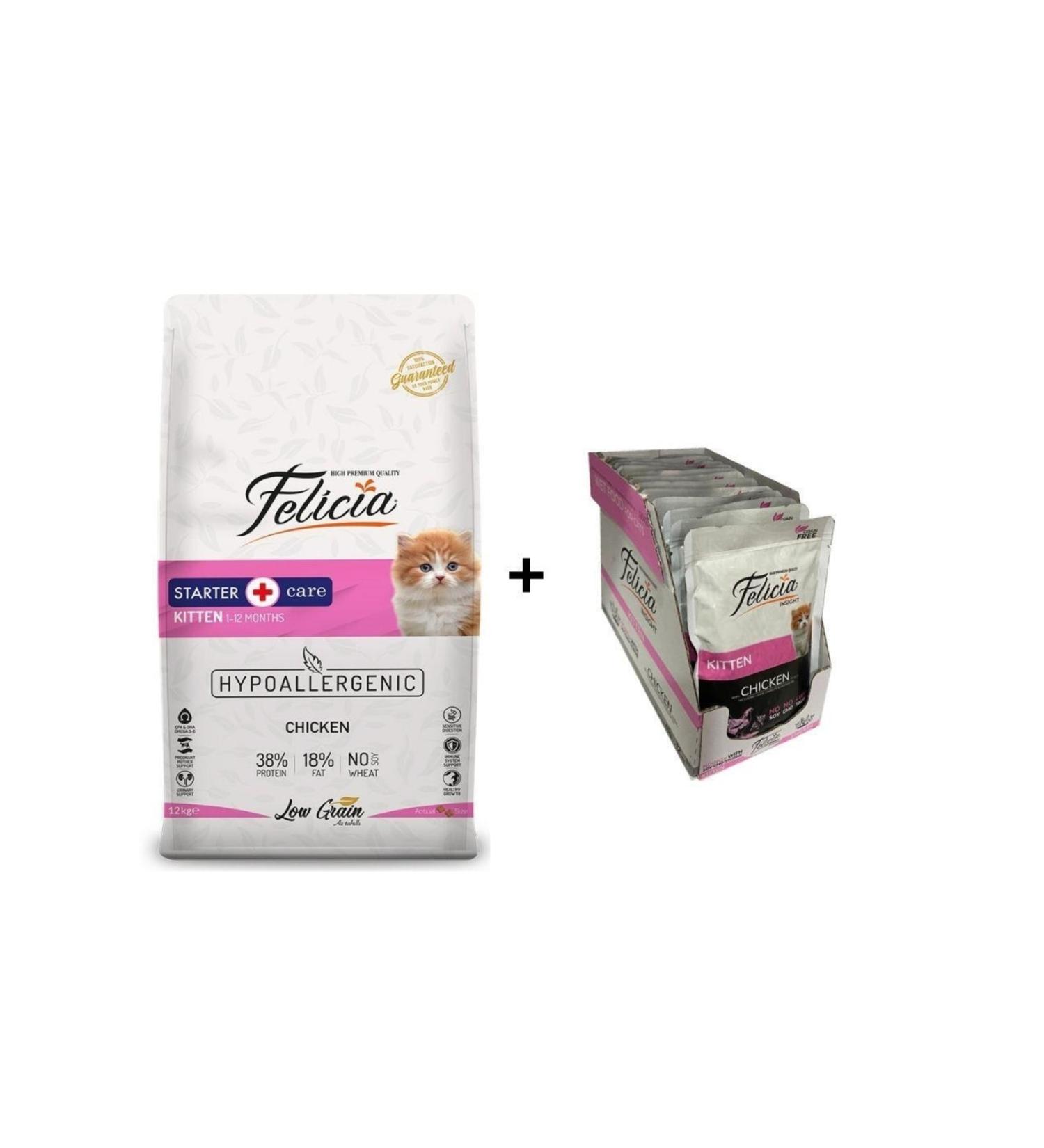 Felicia Kitten Chicken Cat Food 12 Kg + 12 Pieces Chicken Kitten Wet Food 85 gr
