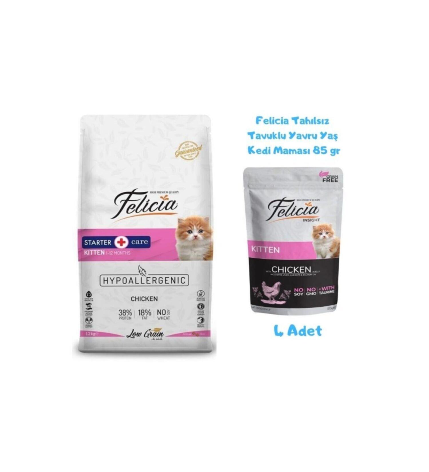 Felicia Kitten Chicken Kitten Cat Food 2 Kg + Wet Food 85 Gr (4 Pieces)