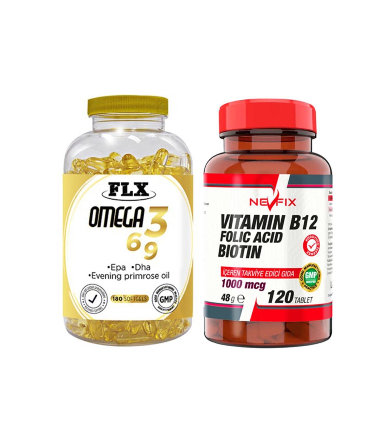 FLX Omega 3-6-9 Fish Oil 180 Softgel & Nevfix Vitamin B12 1000 Mcg 120 Tablets