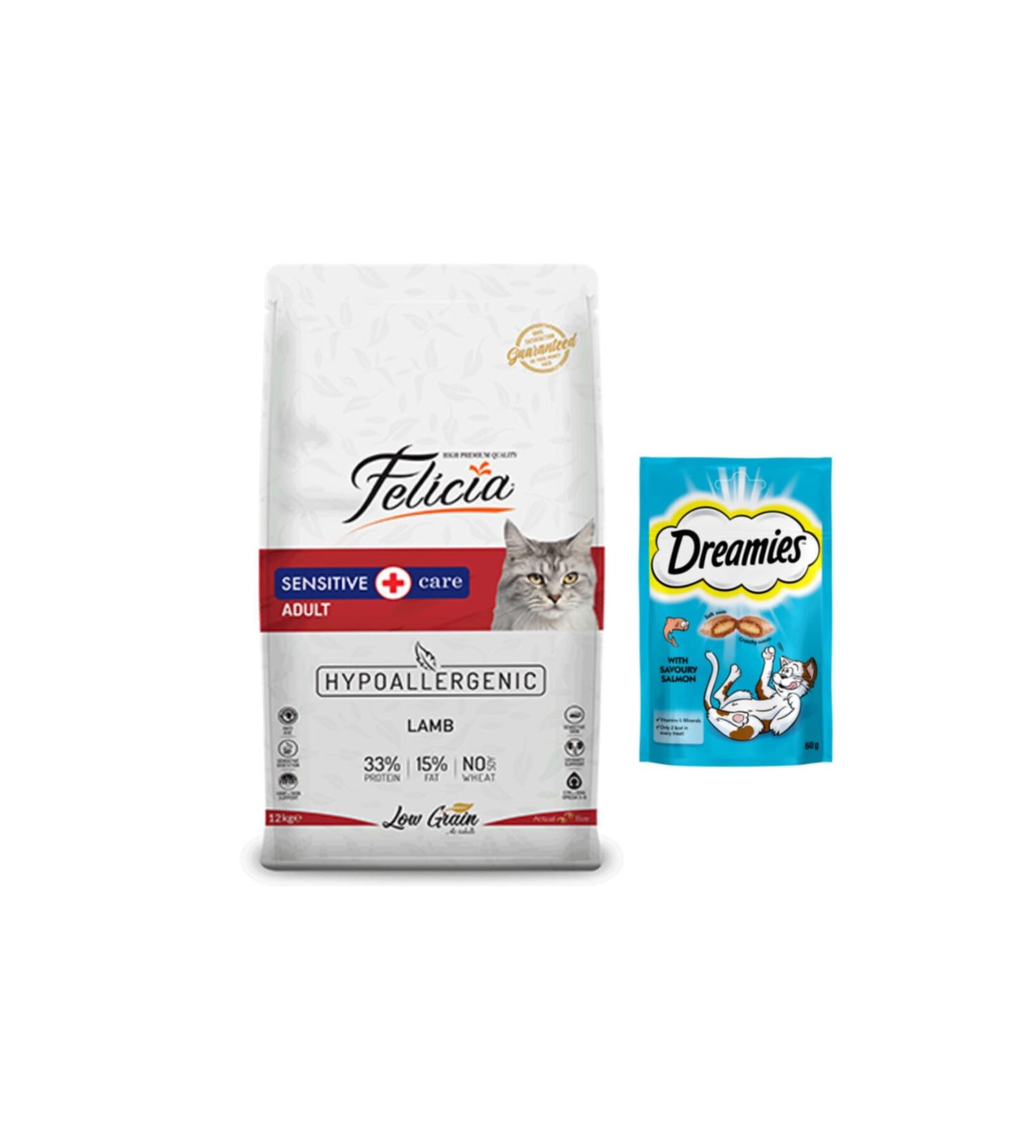 Felicia Lamb Adult Cat Food 2 kg g Dreamies Salmon Cat Reward Food 60gr