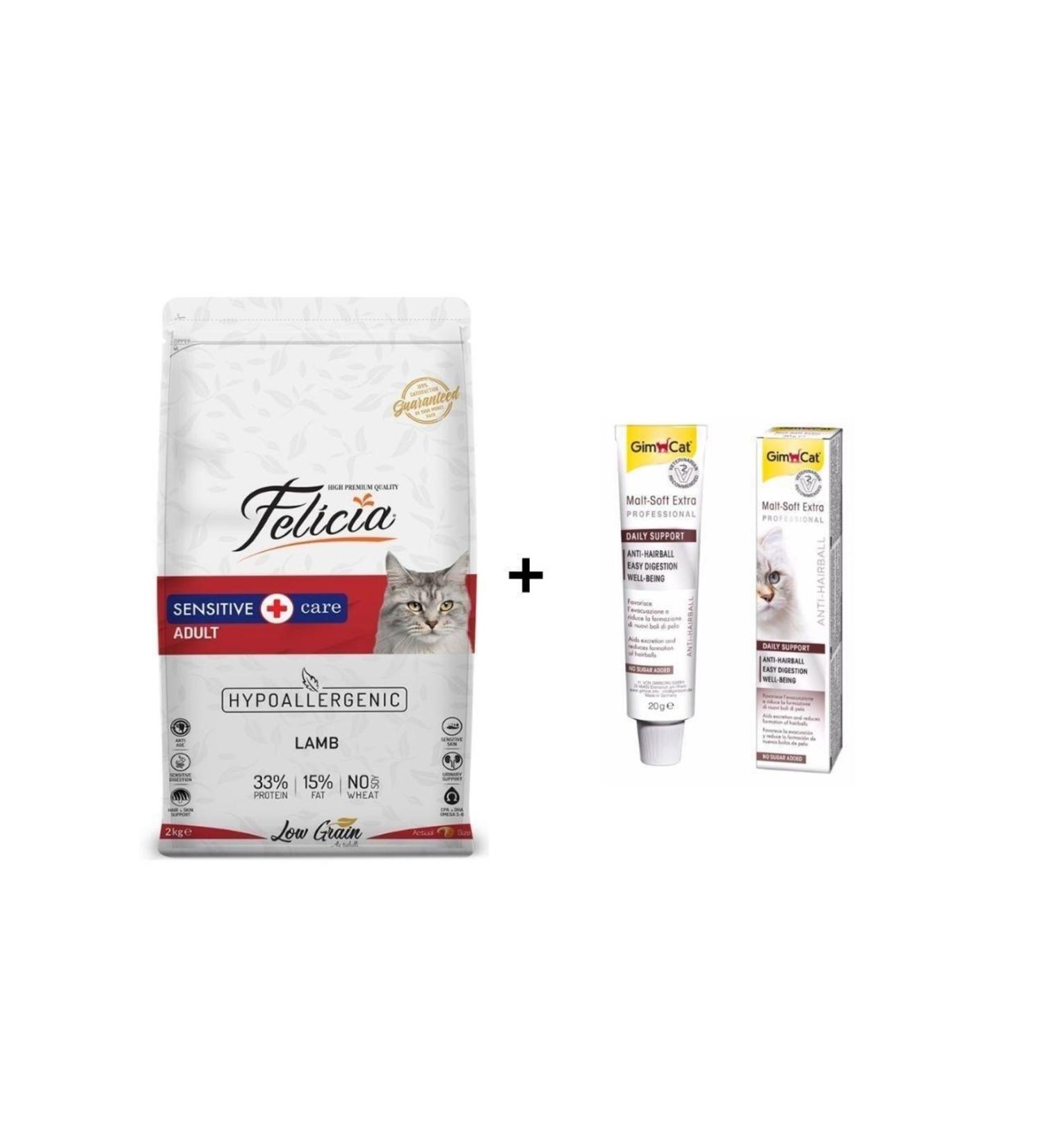 Felicia Lamb Adult Cat Food 2 Kg + Gimcat Malt Soft Extra 20 Gr