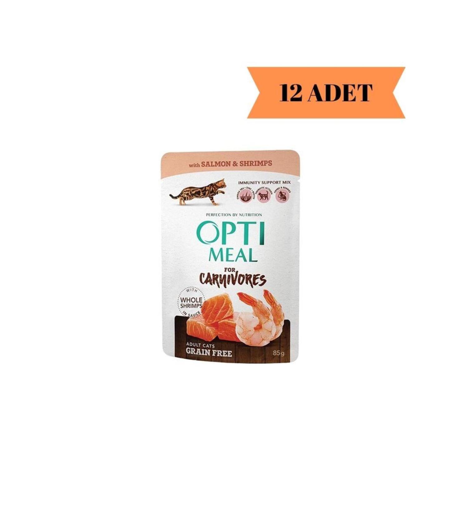 OptiMeal Carnivores Grain-Free Grow Up Cat Wet Food with Salmon and Shrimp 85 gr X 12