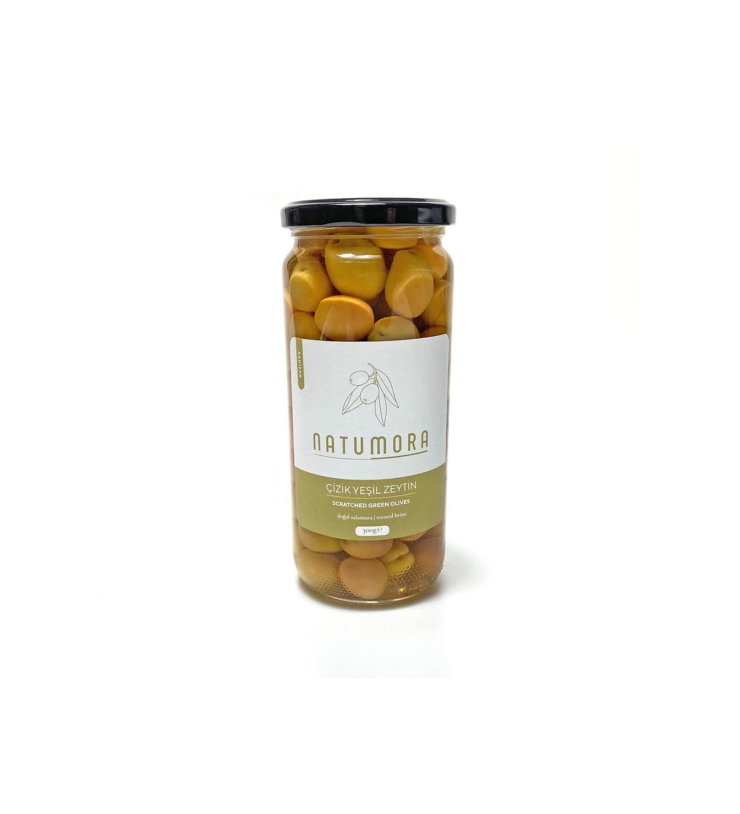 Natumora Scratched Green Olives 300g Glass Jar