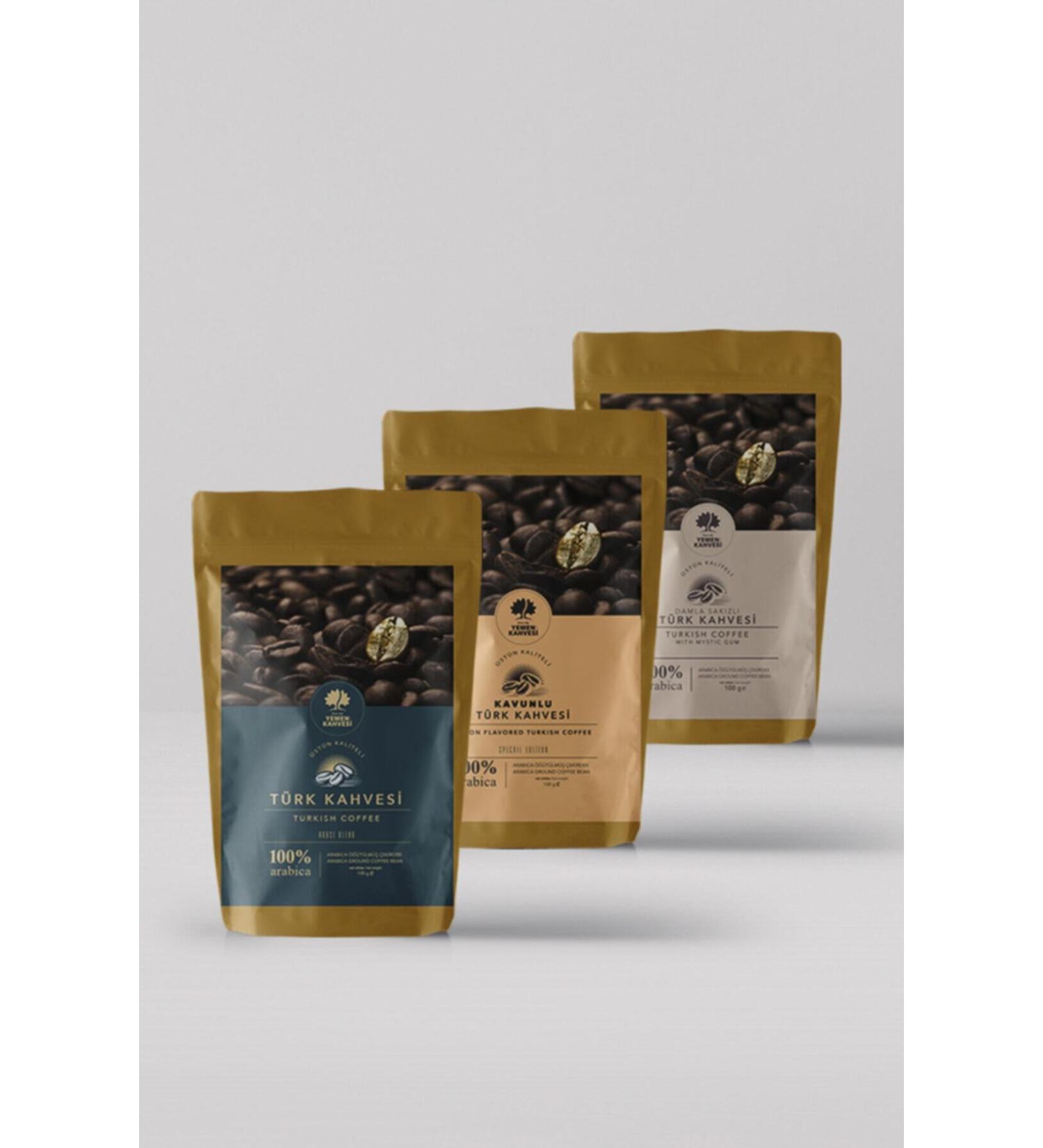 YEMEN COFFEE 100 gr Flavored Turkish Coffee Set of 3 (Mastic Mastic Turkish Coffee Melon)