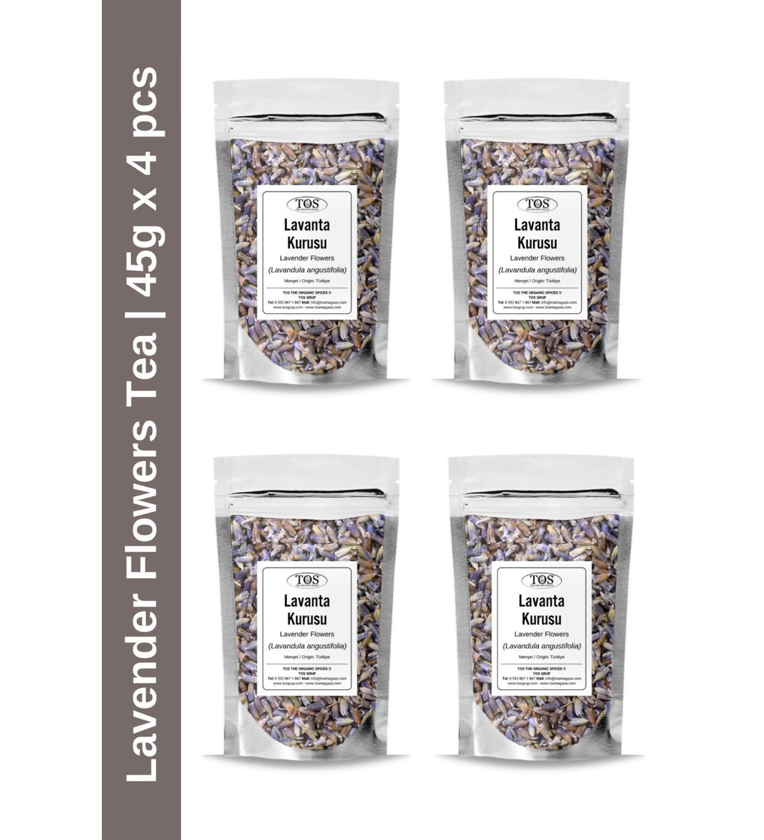 TOS The Organic Spices Lavender Flower Tea 45 gr x 4 Pieces | Lavender Flowers Tea | Lavandula angustifolia | Advantageous Set