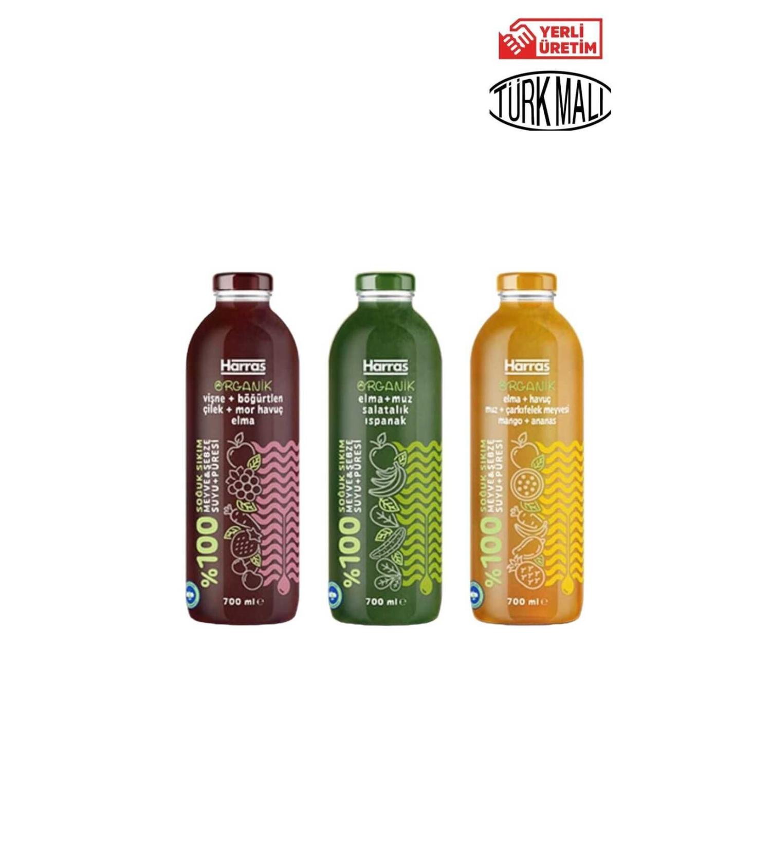 Harras ORGANIC 0 GREEN+YELLOW+RED FRUIT JUICE 700 MLX3 PIECES