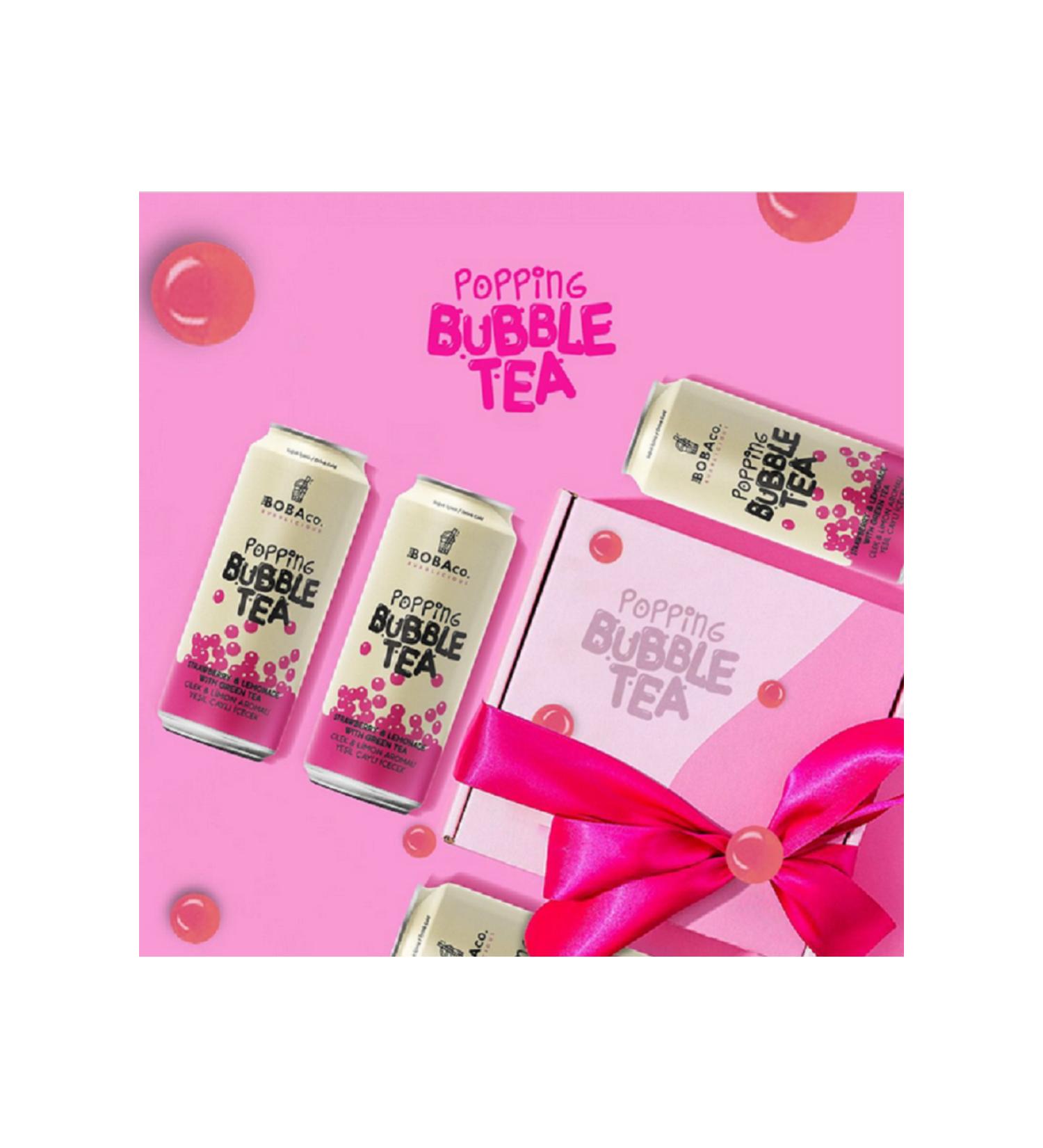TheBobaCo. Bubblicious Popping Bubble Tea - Strawberry and Lemon Flavored Green Tea Drink Set of 4