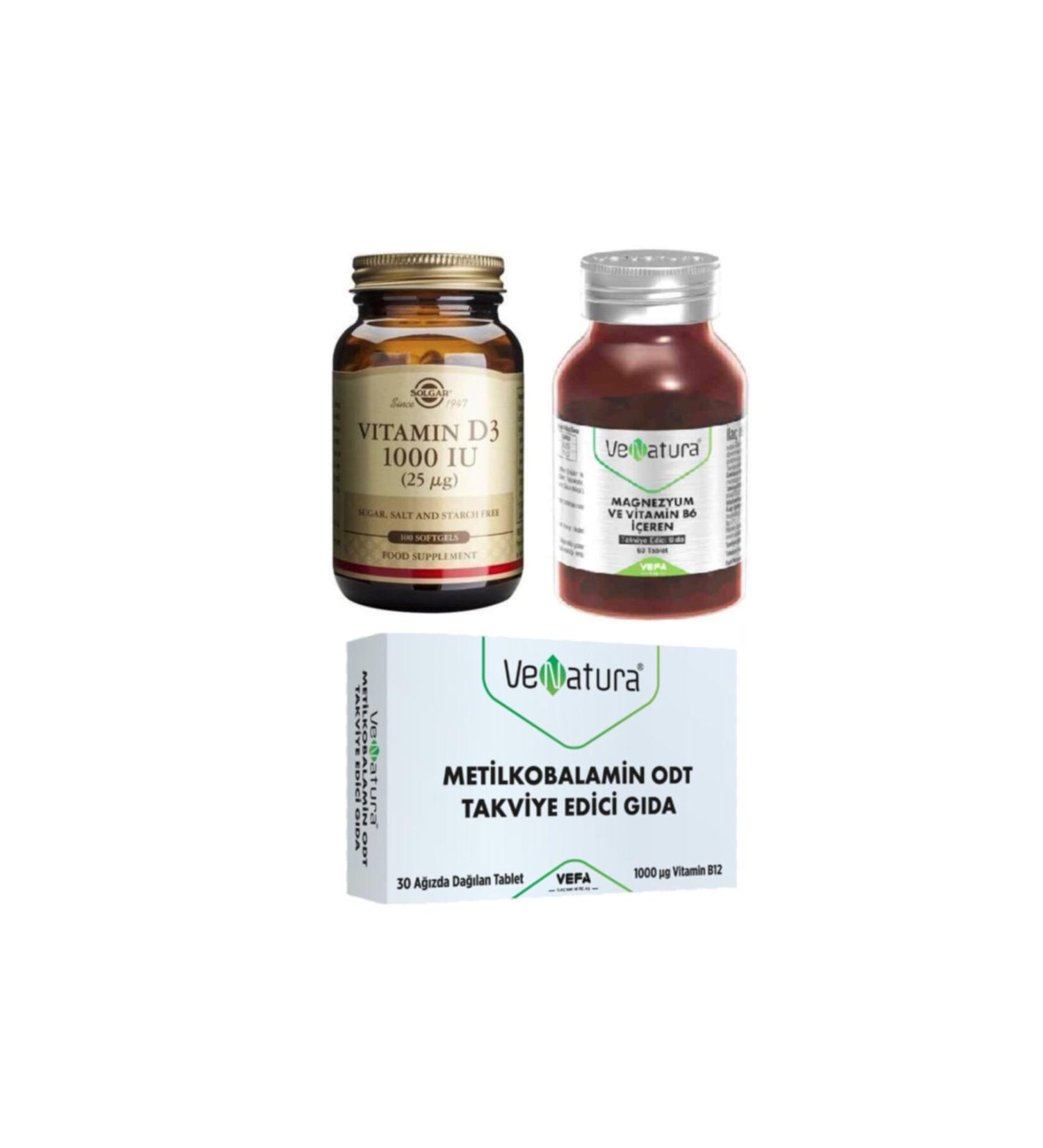 Venatura Magnesium and Vitamin B6 60 Tablets + Vitamin B12 Methylcobalamin 30 T. + Solgar Vitamin D3 100 Capsules