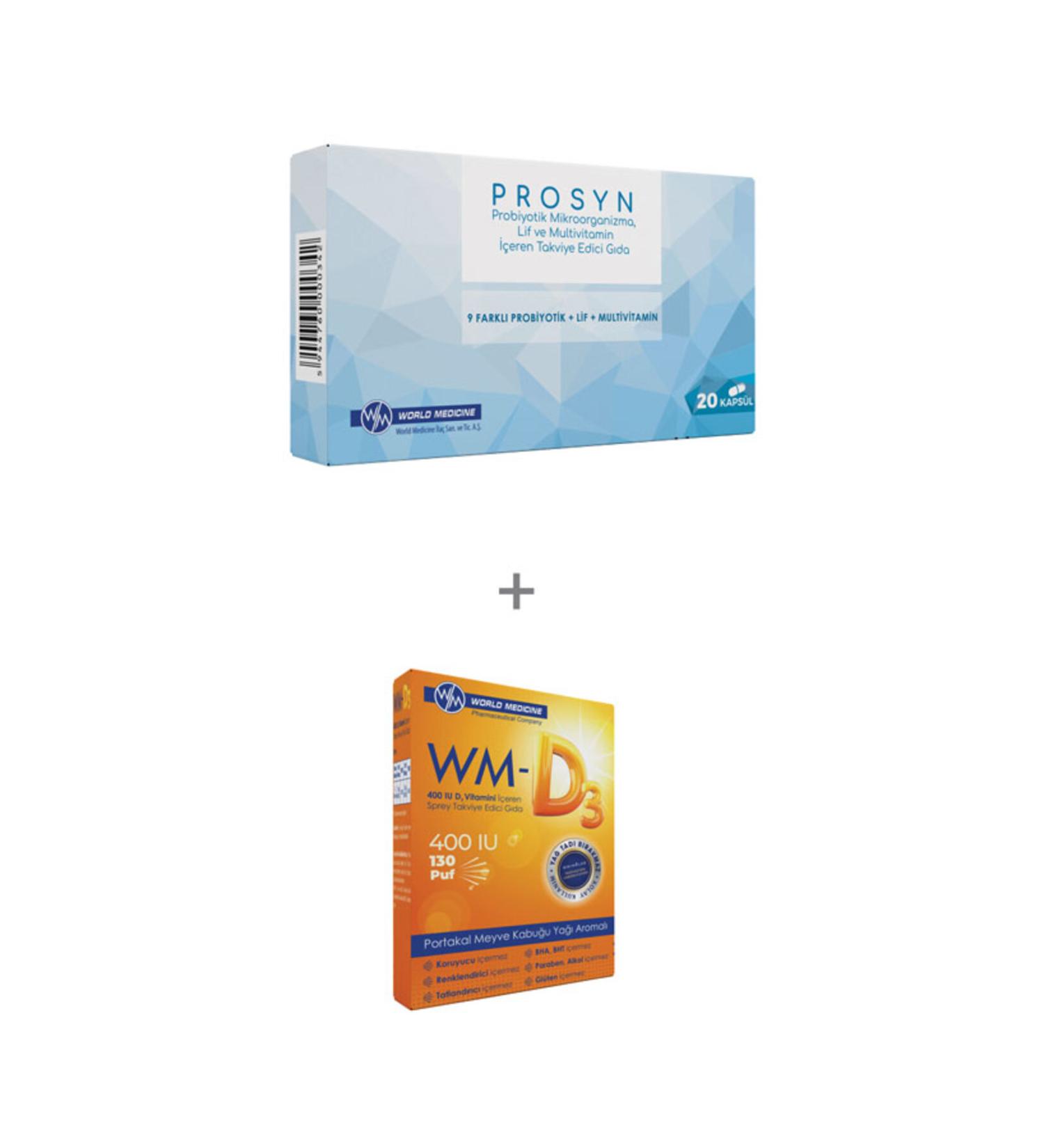 WORLD MEDICINE Prosyn Probiotic Prebiotic and Fiber Supplementary Food + WM-D3 Spray Containing Vitamin D
