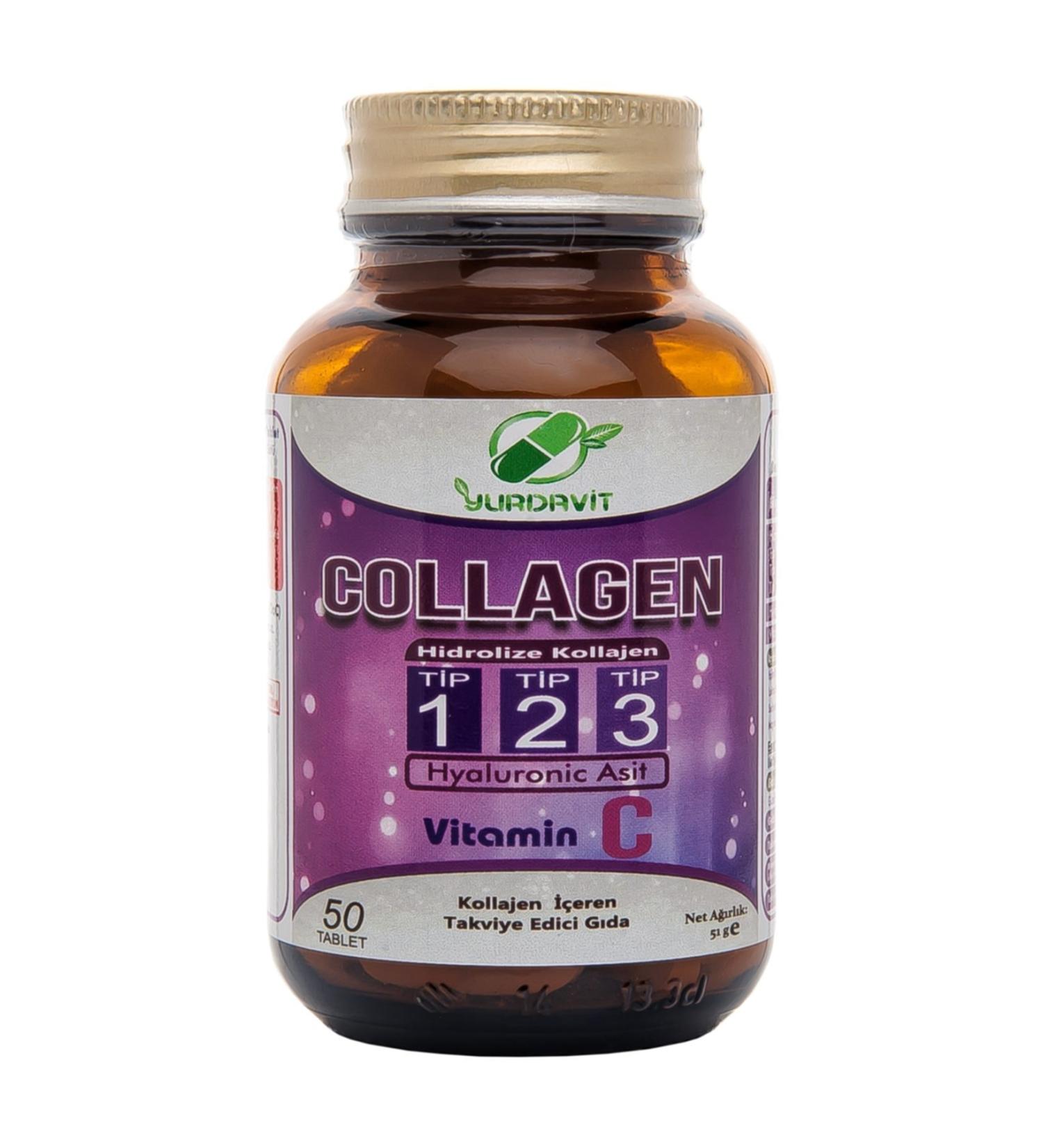 Yurdavit Hydrolyzed Collagen 900 Mg Type 1-2-3 Hyaluronic Acid Vitamin C 50 Tablets