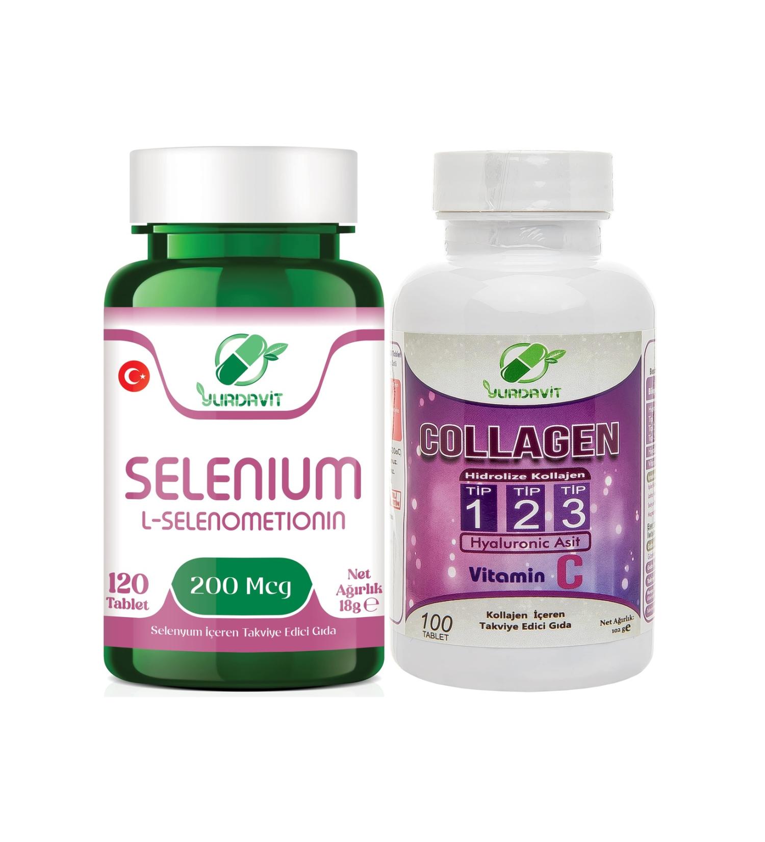Yurdavit Selenium 200 mcg 120 Tablets and Hydrolyzed Collagen Collagen Type 1-2-3 100 Tablets