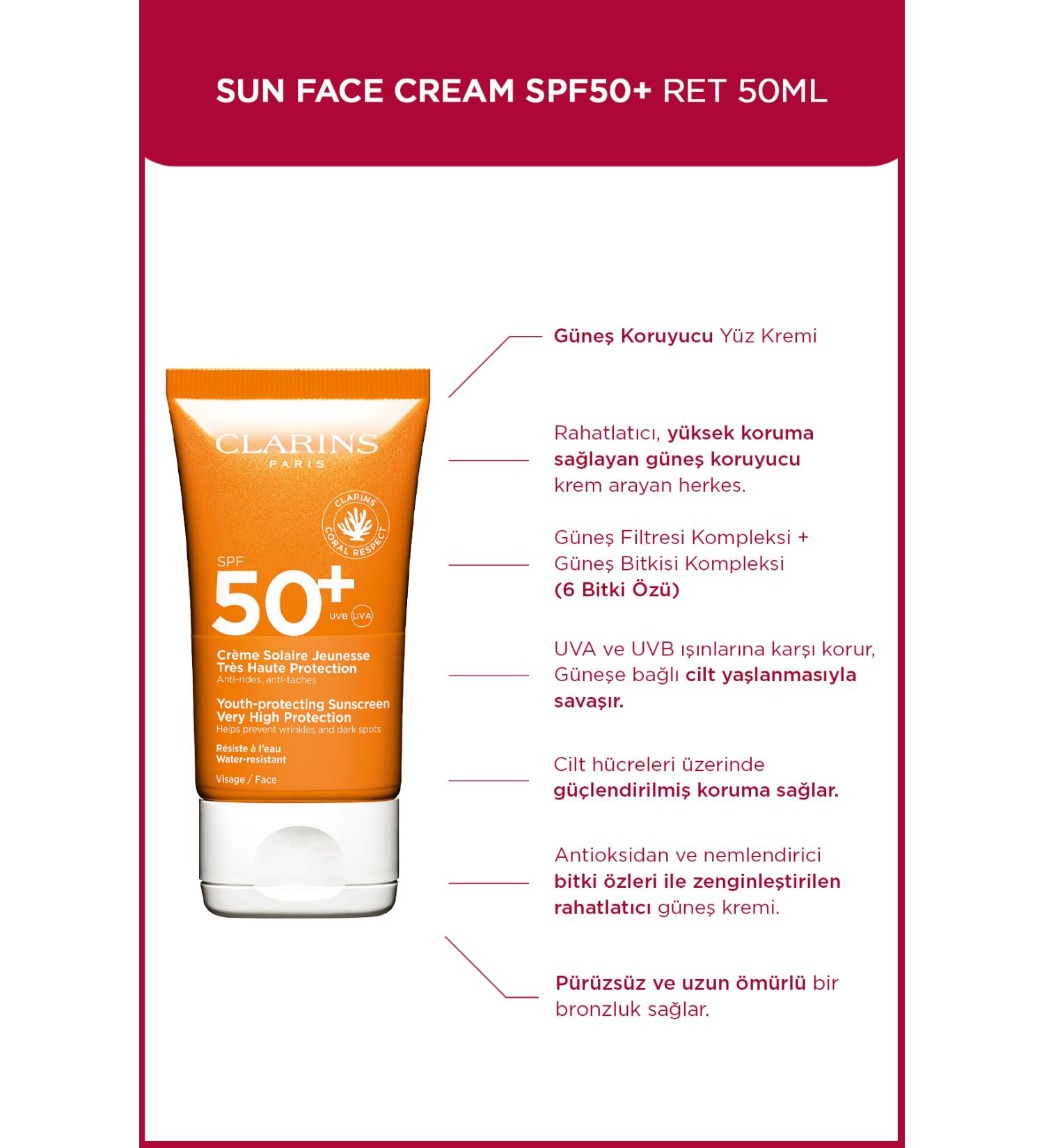 Clarins SUN FACE CREAM SPF50+ 50 ML - Sun Cream for Face - Very High Protection SPF50+