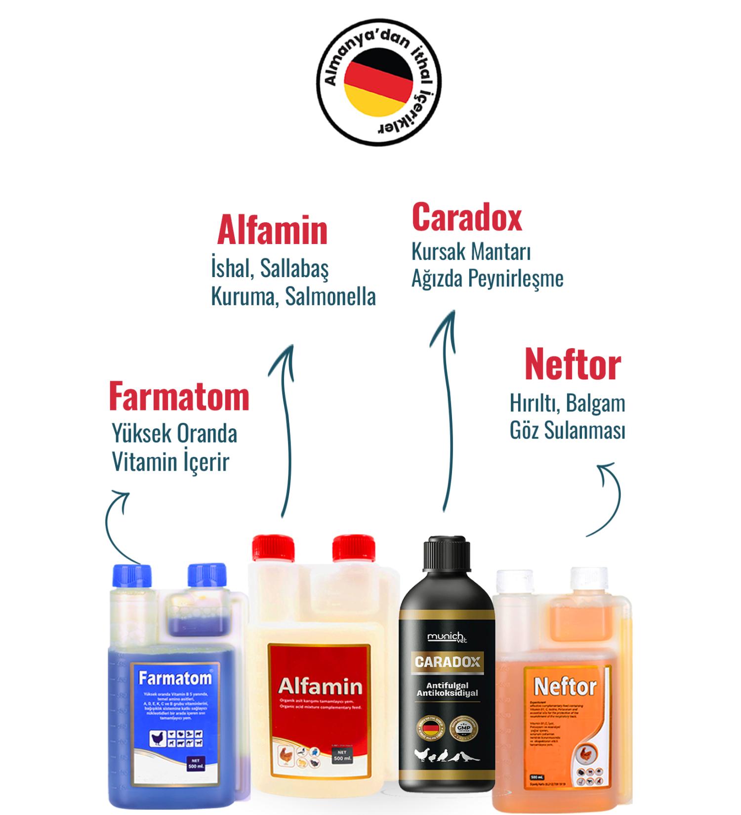 Munich Vet 4-Piece Set Caradox Crop Mushroom + Farmatom Vitamin + Alfamin + Neftor Wheezing Set - 500 Ml - Buy Online on GoSupps.com