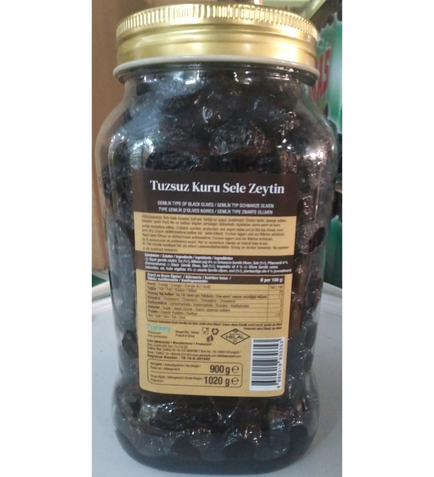 Alan Gemlik Unsalted (%1) Dry Sele Olives (351-380 2xs) 3 Pcs. X 900 gr