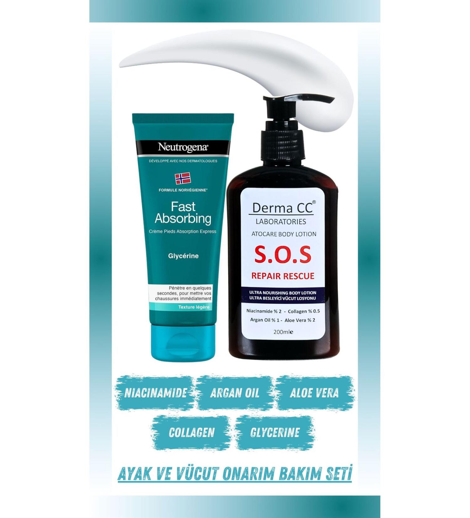 Neutrogena Fast Absorbing Foot Care Cream 100m + Derma CC LABORATORIES SOS Emergency Repair Lotion 200m - Buy Online on GoSupps.com