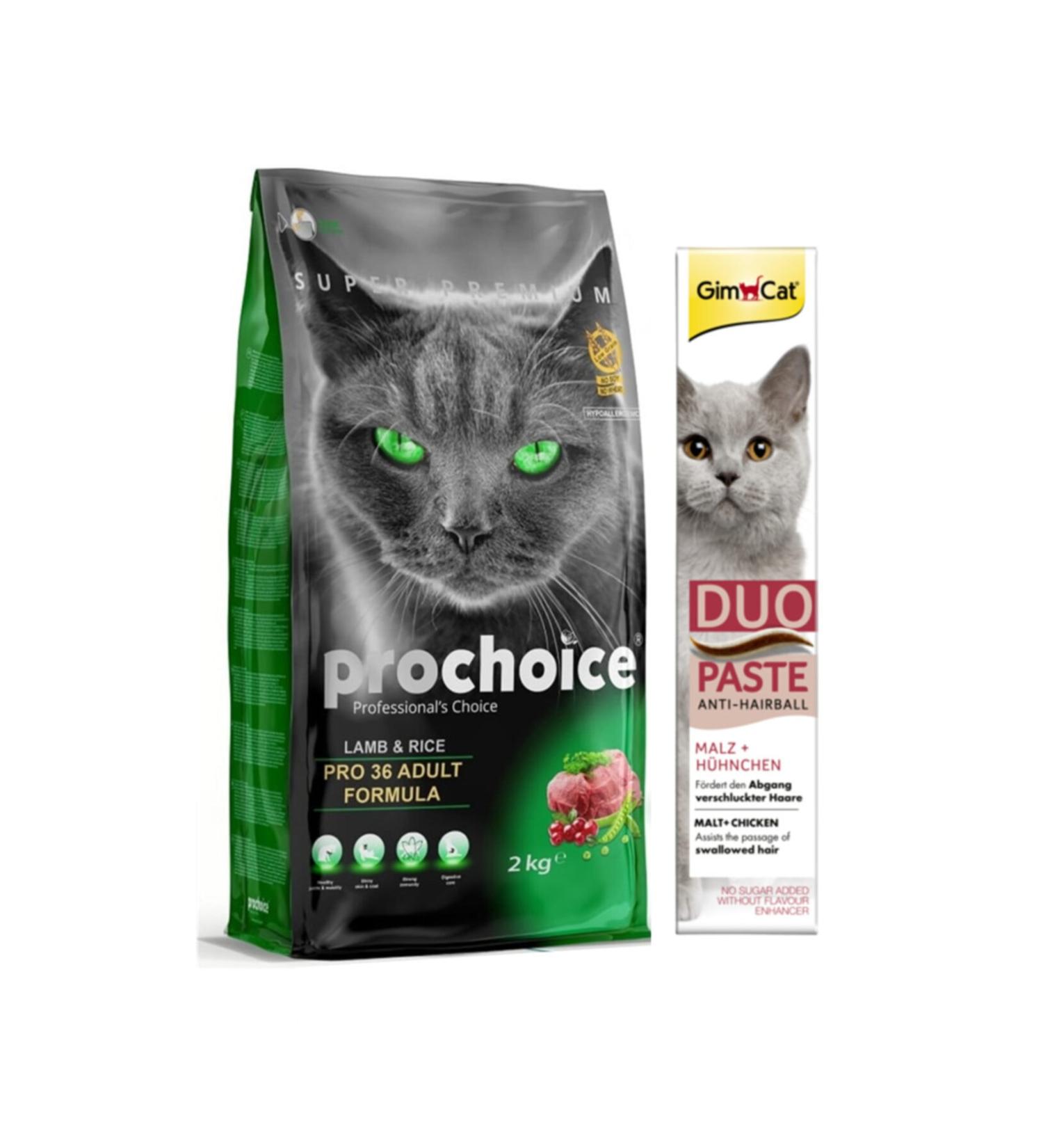 Pro Choice 36 Lamb Rice Adult Cat Dry Food 2 kg + Gimcat Duo Paste Chicken Anti-hairball Malt 50gr