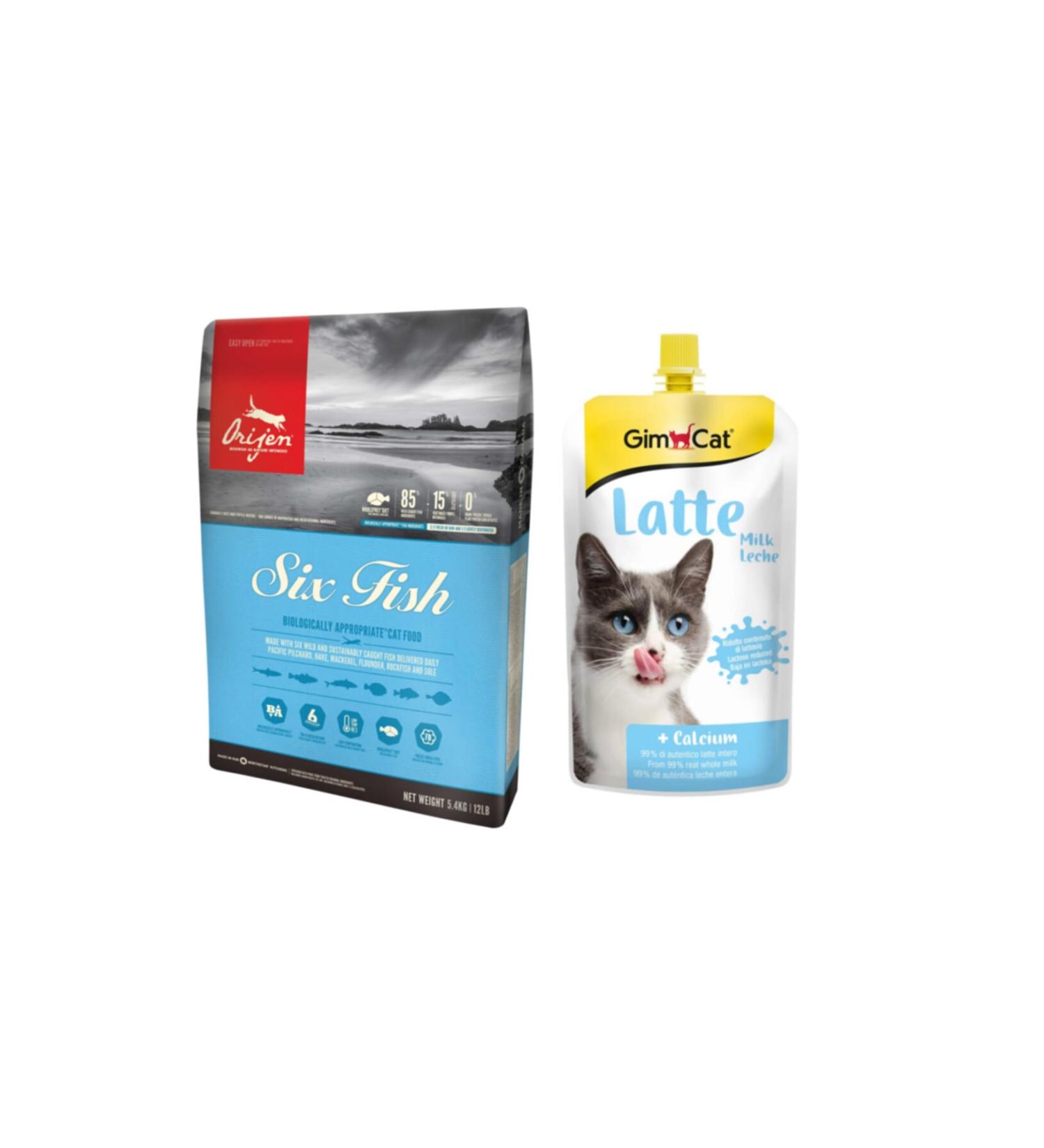 Orijen SIX FISH Adult and Kitten Cat Food 1.8 Kg + Gimcat Milk Latte Calcium Liquid Cat Milk 200 Ml