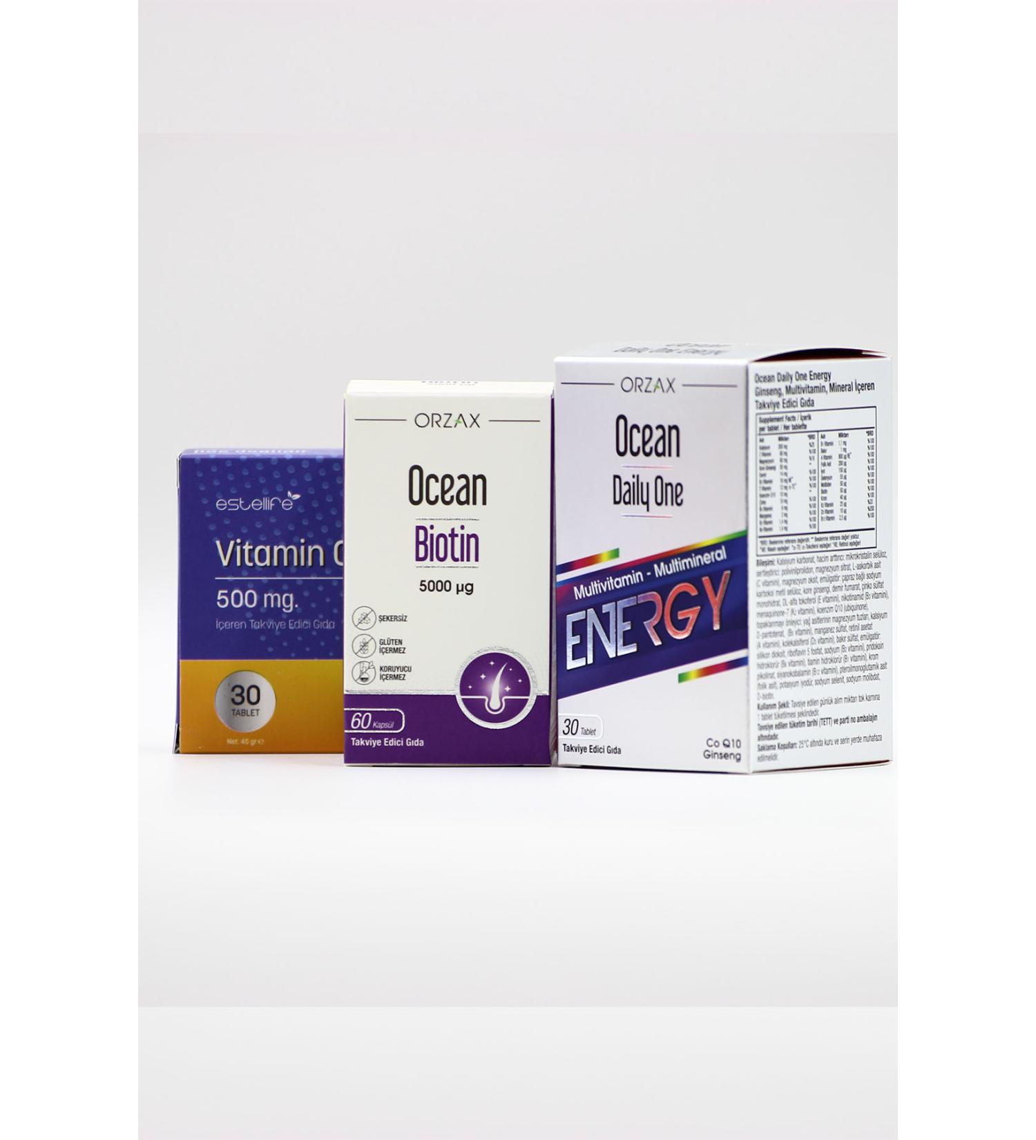 Ocean Biotin 5000 g - Ocean Daily One Energy - Vitamin C 500 mg Energy and Hair Set - Buy Online on GoSupps.com