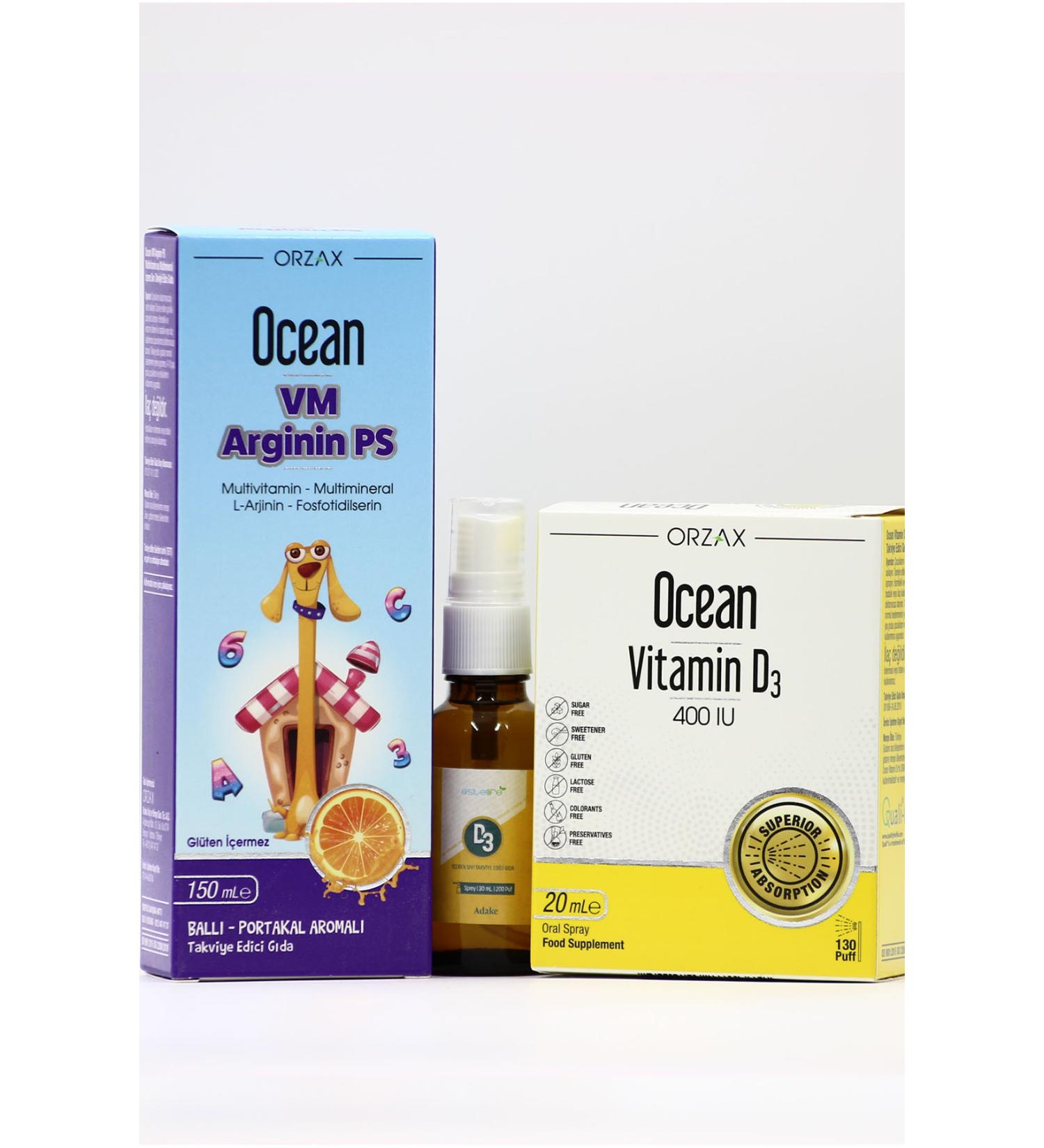 Ocean VM Arginine PS Estellife D3 Spray and Ocean Vitamin D3 - Vitamin and Immunity Package for Children