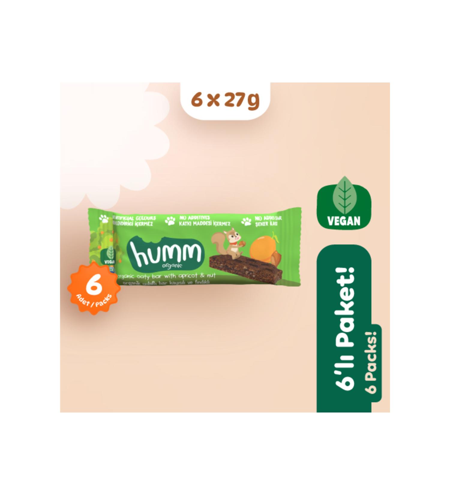 Humm Organic Vegan Apricot and Hazelnut Oatmeal Bar Snack Pack - 6 pieces - Buy Online on GoSupps.com