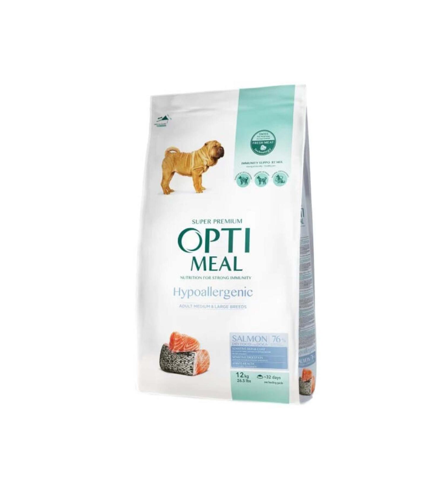OptiMeal Hypoallergenic Adult Dog Food with Salmon for Medium and Large Breeds 12 Kg - Buy Online on GoSupps.com