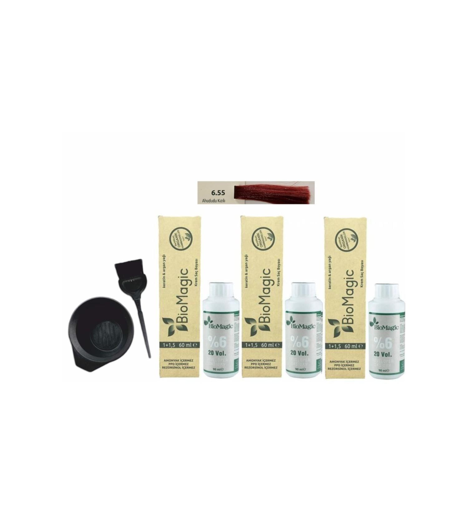 BioMagic Organic Hair Dye 6.55 Raspberry Red 60 Ml X3 Pieces + Oxidant 90ml + Coloring Set