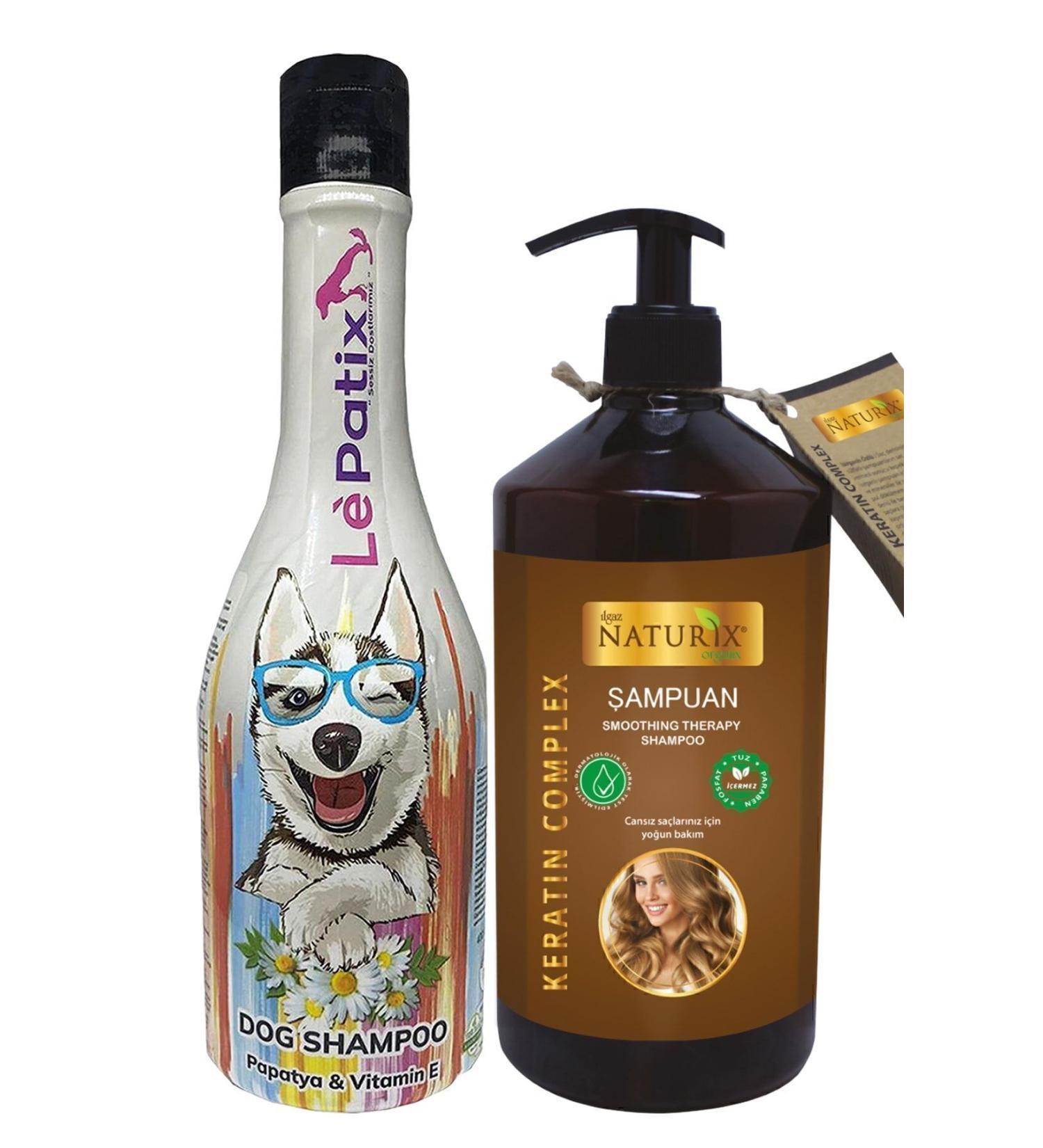 Le Patix Dog Shampoo Deodorizing Chamomile Pet Shampoo 400 Ml + Naturix Keratin Care Shampoo 600 Ml