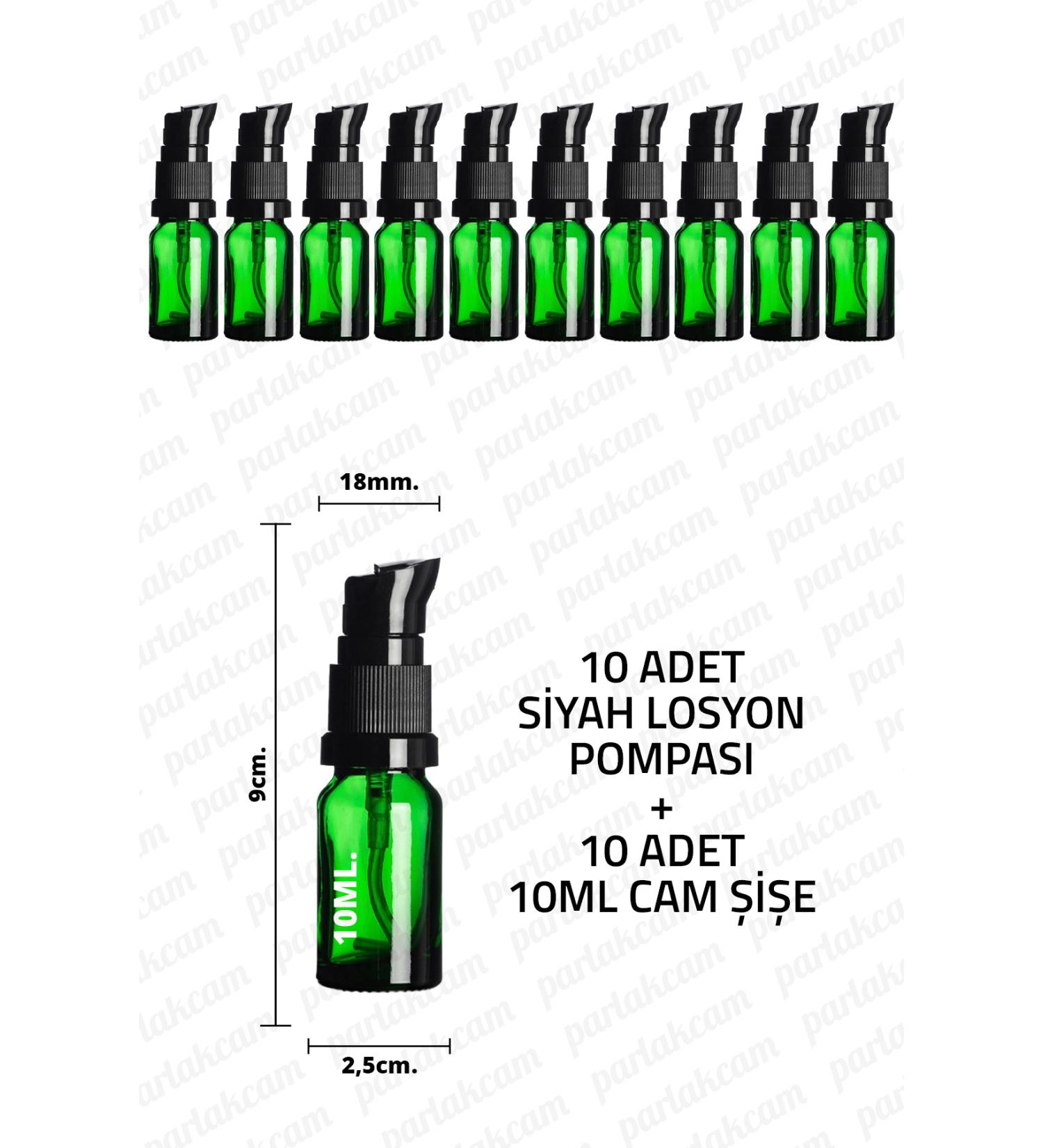 Parlakcam 10ml Black Lotion Pump Green Glass Bottle 10cc Black Cream Pump Head Green Glass Bottle 10 Pcs