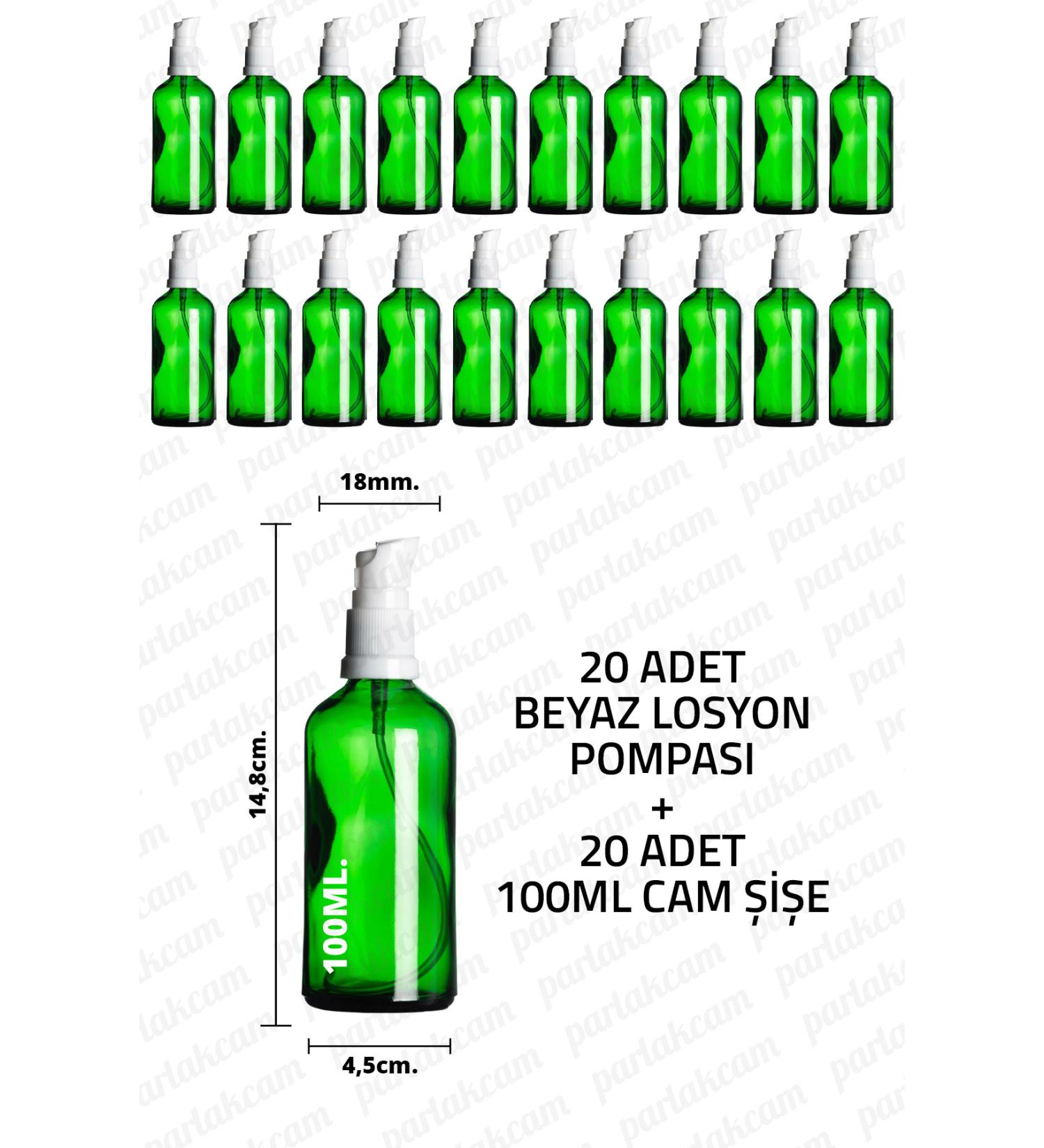 Parlakcam 100ml White Lotion Pump Green Glass Bottle 100cc White Cream Pump Head Green Glass Bottle 20 Pcs