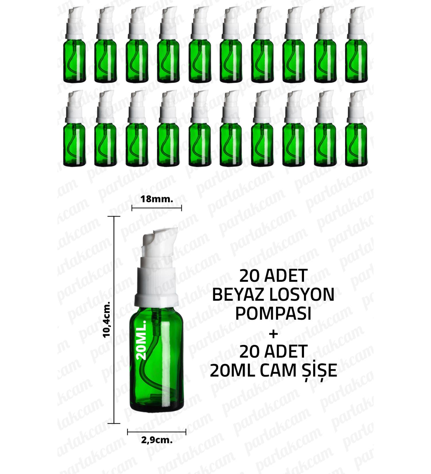 Parlakcam 20ml White Lotion Pump Green Glass Bottle 20cc White Cream Pump Head Green Glass Bottle 20 Pcs