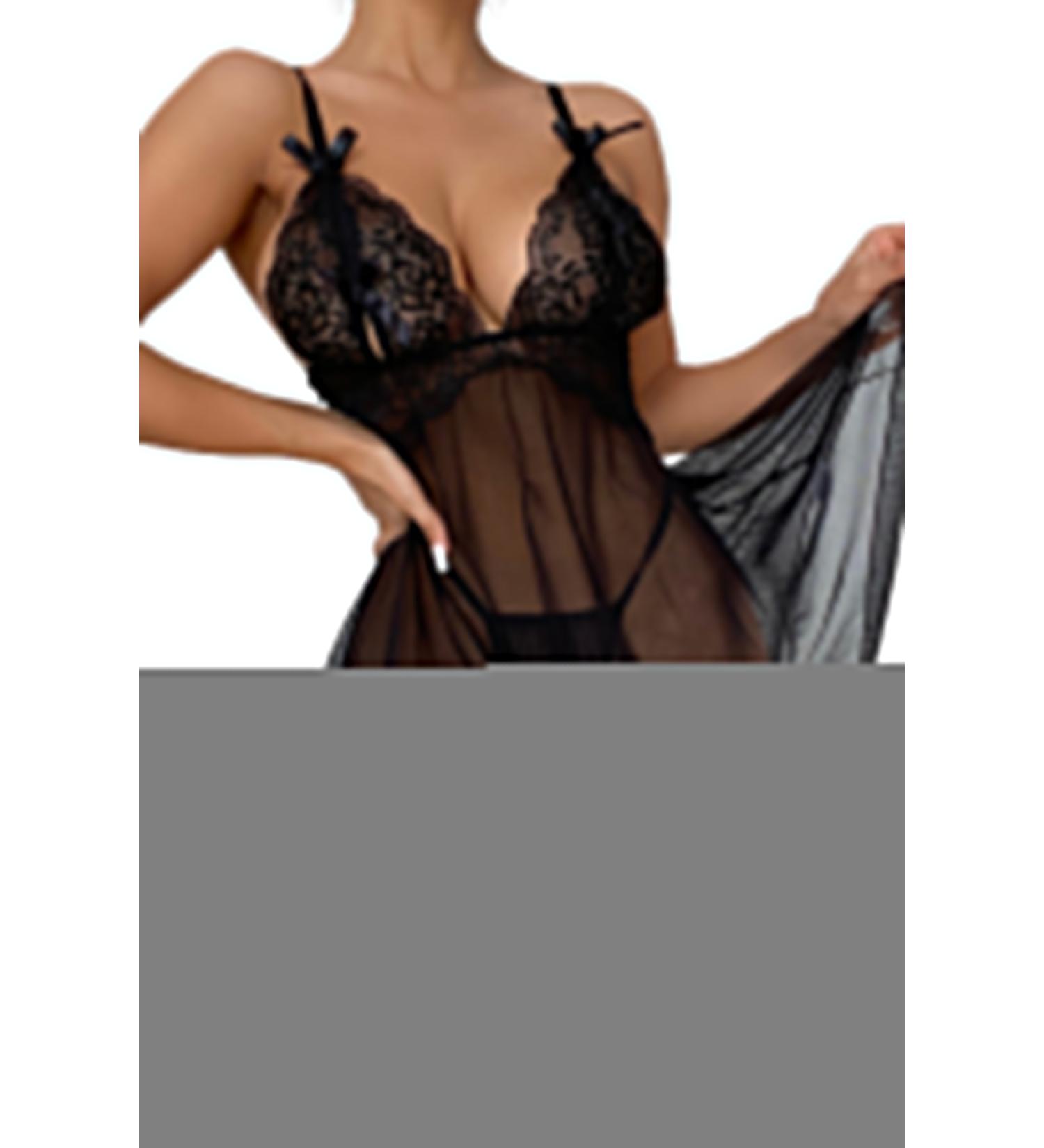 Skygo Night Light Women's Black Open-Breasted Fantasy Nightgown 3183