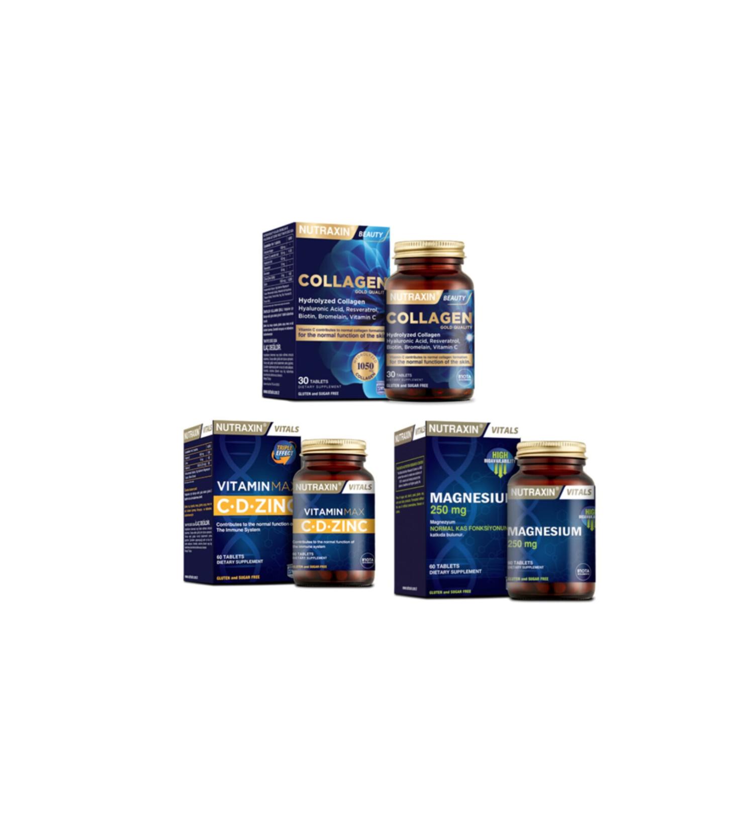 Nutraxin Hydrolyzed Collagen Hyaluronic Acid 30 Tablets + Vitamin Max (c d Zinc) 60 Tablets + Magnesium 60 Tablets