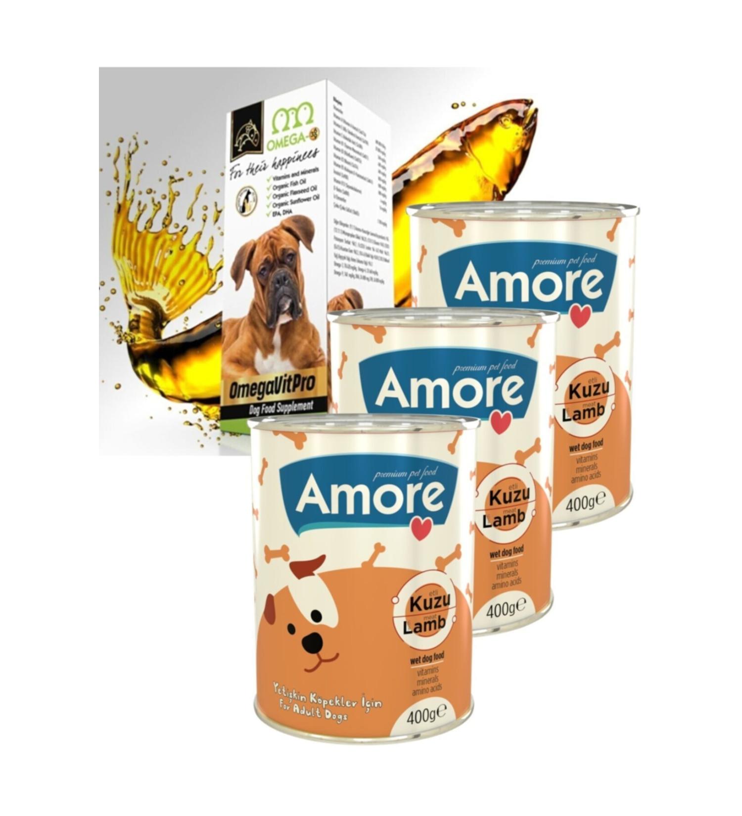 AMORE Doglamb Lamb Piece Meat Canned Dog Food 3 Pieces + Vit Pro Salmon Fish Oil