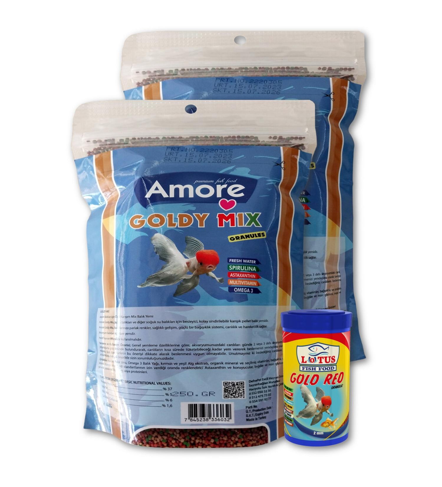 AMORE Goldy Mix Granules 2 x 250 gr High Protein Goldfish Food and 100 ml Lotus Gold Red