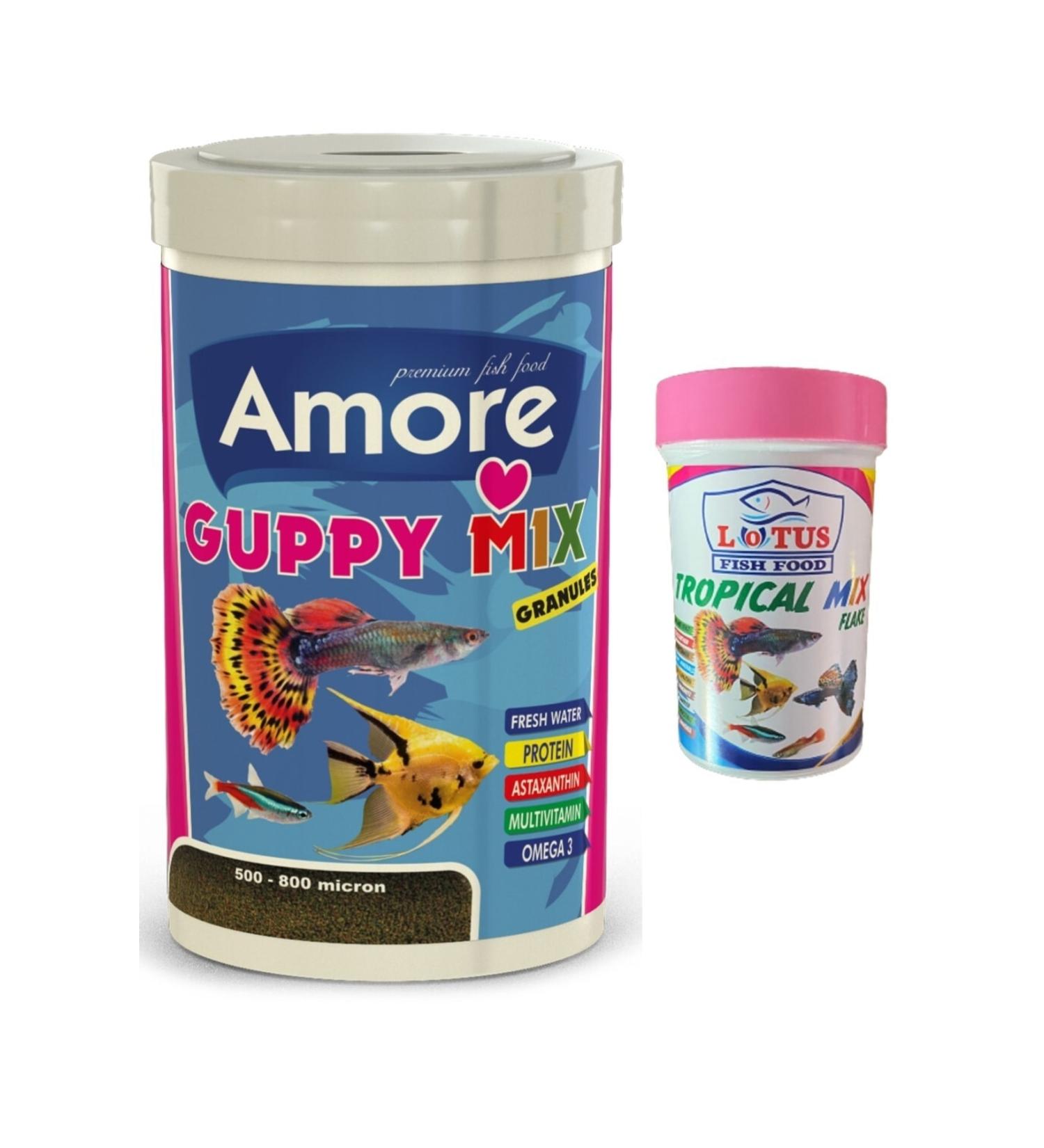 AMORE Guppy Mix Granules 1000 ml and Tropical Flakes 100 ml Box Fish Food