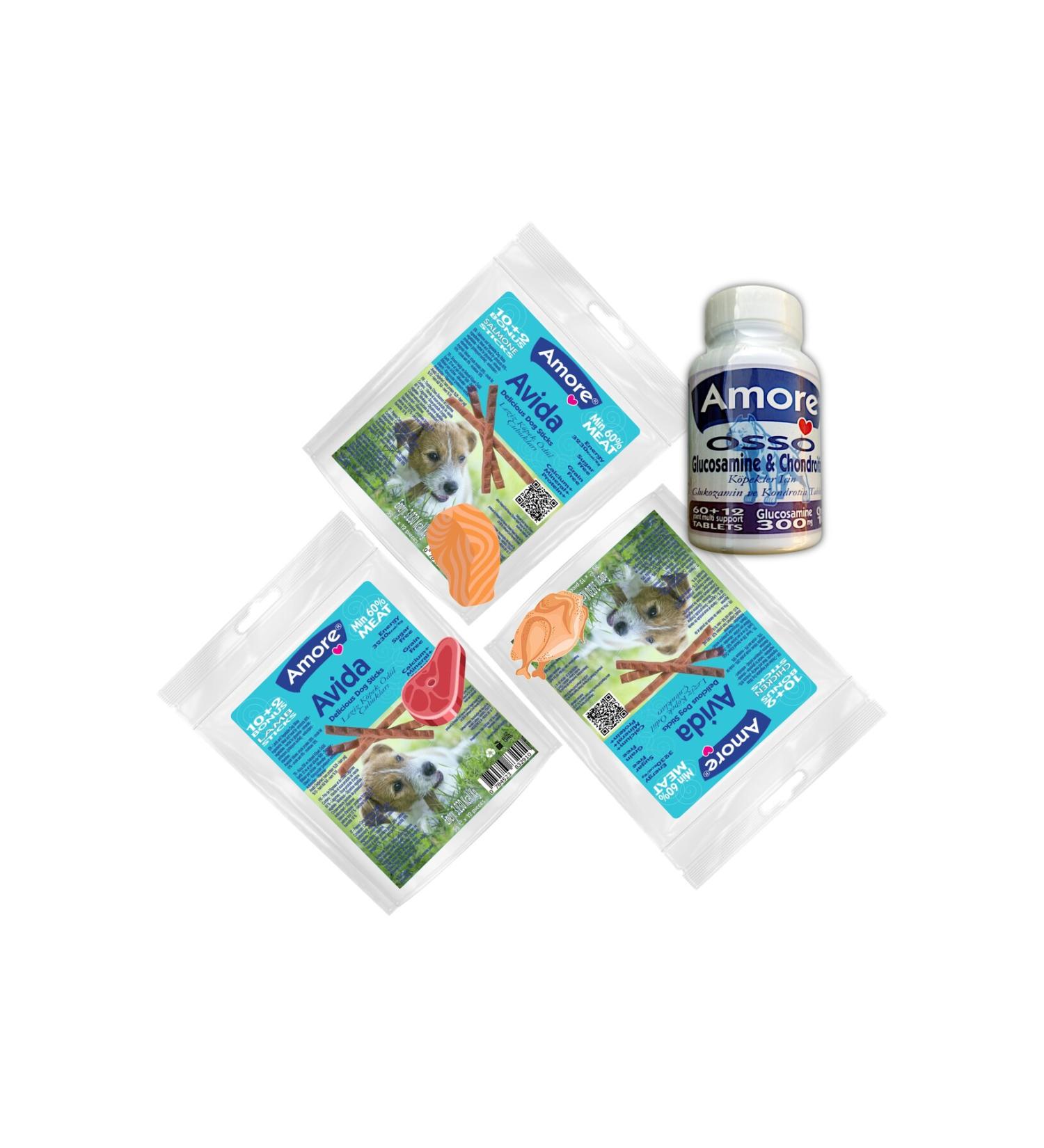 AMORE Osso Glucosamine 2x72li and 12li Stick Dog Joint Support Tablet Avida Dog Lamb Sticks Reward Food