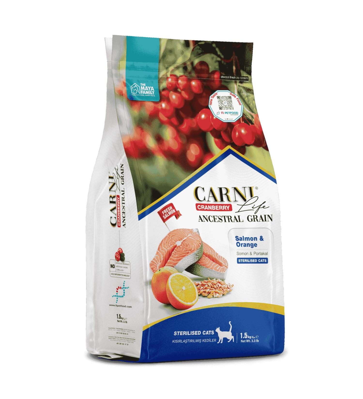 CARNI LIFE PETLOVEBUT K CRANBERRY ANCESTRAL GRAIN SALMON & ORANGE 1.5KG NEUTRALIZED CAT FOOD