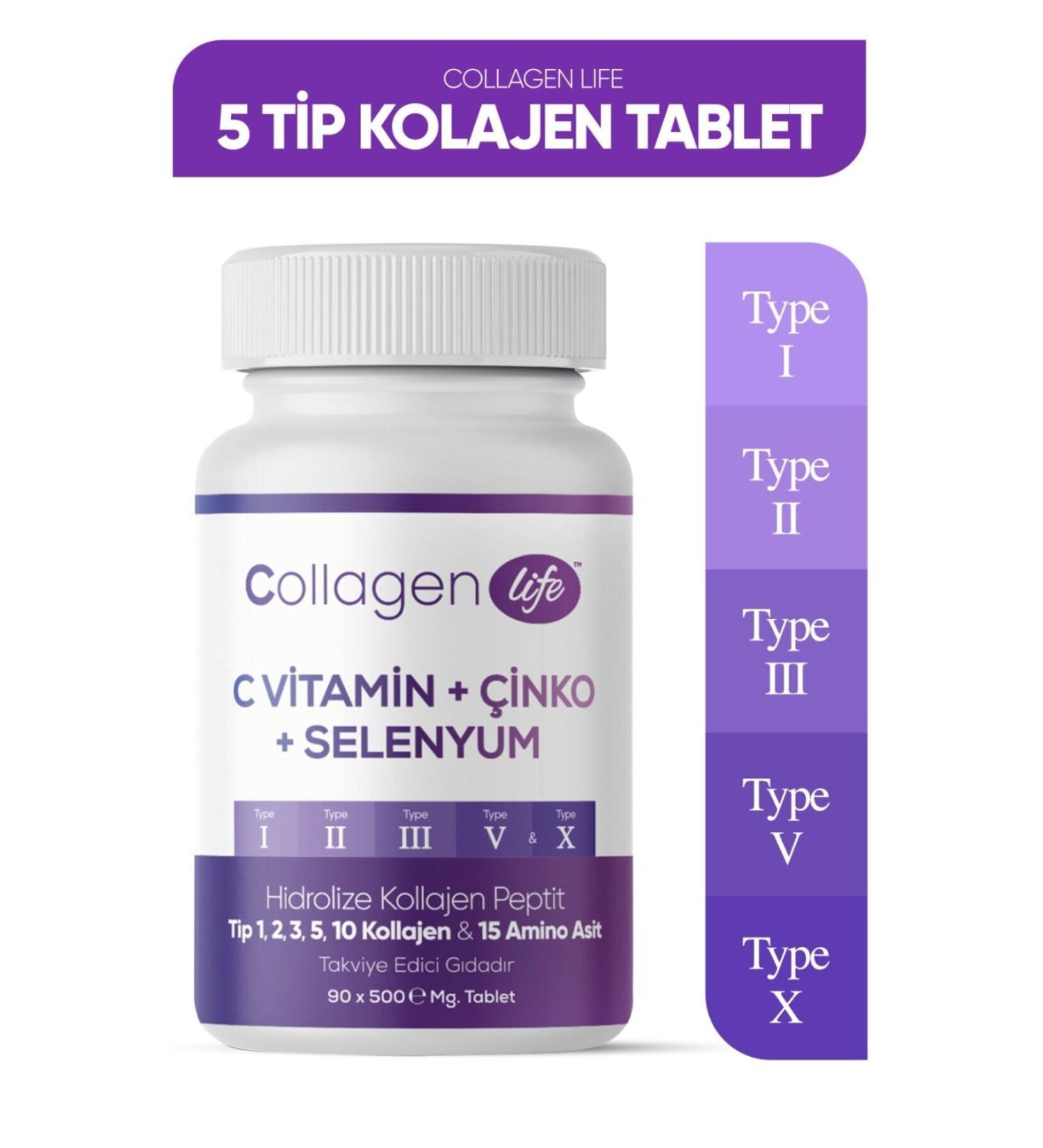 Collagen Life 5 Types Collagen Type 1 Type 2 Type 3 Type 5 Type 10 (Selenium Vitamin C and Zinc) 90 Tablets