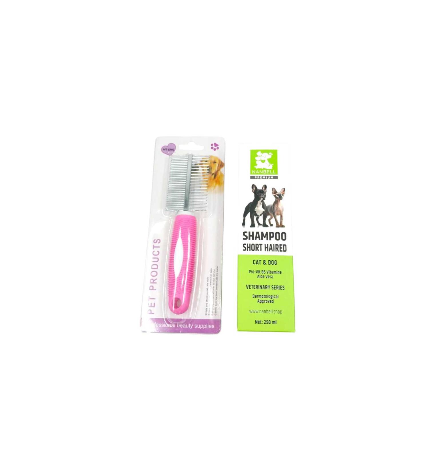 Nanbell Shampoo for Short Haired Cats and Dogs 250 Ml + Double Sided Plastic Handle Tow Opening Comb